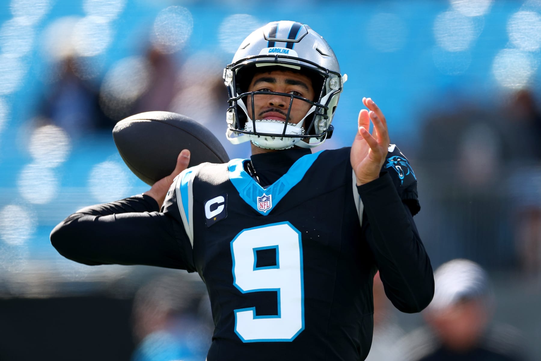 CHARLOTTE, NORTH CAROLINA - JANUARY 07: Bryce Young #9 of the Carolina Panthers warms up before the game against the Tampa Bay Buccaneers at Bank of America Stadium on January 07, 2024 in Charlotte, North Carolina. (Photo by Jared C. Tilton/Getty Images)