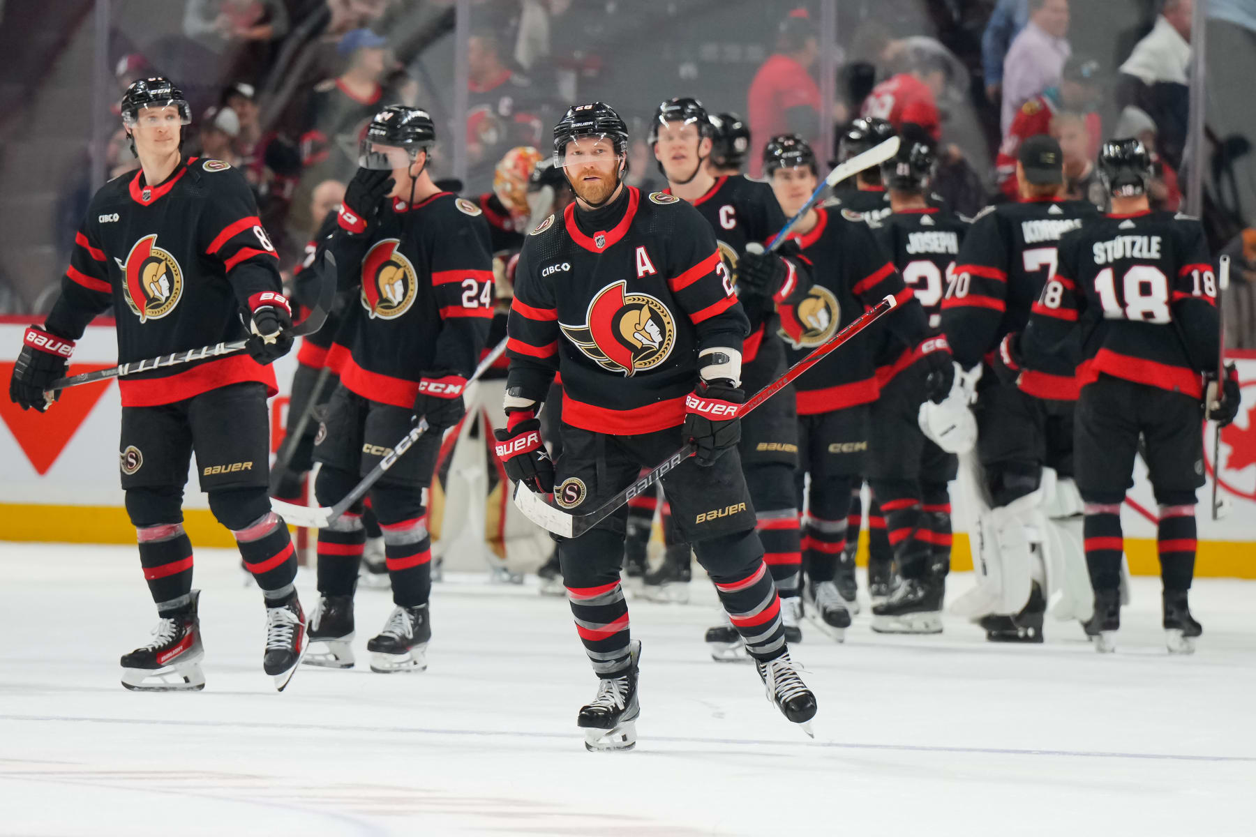 OTTAWA, CANADA - MARCH 28: Claude Giroux #28 of the Ottawa Senators celebrates with teammates after his teams' 2-0 shutout win against the Chicago Blackhawks at Canadian Tire Centre on March 28, 2024 in Ottawa, Ontario, Canada. (Photo by André Ringuette/NHLI via Getty Images)