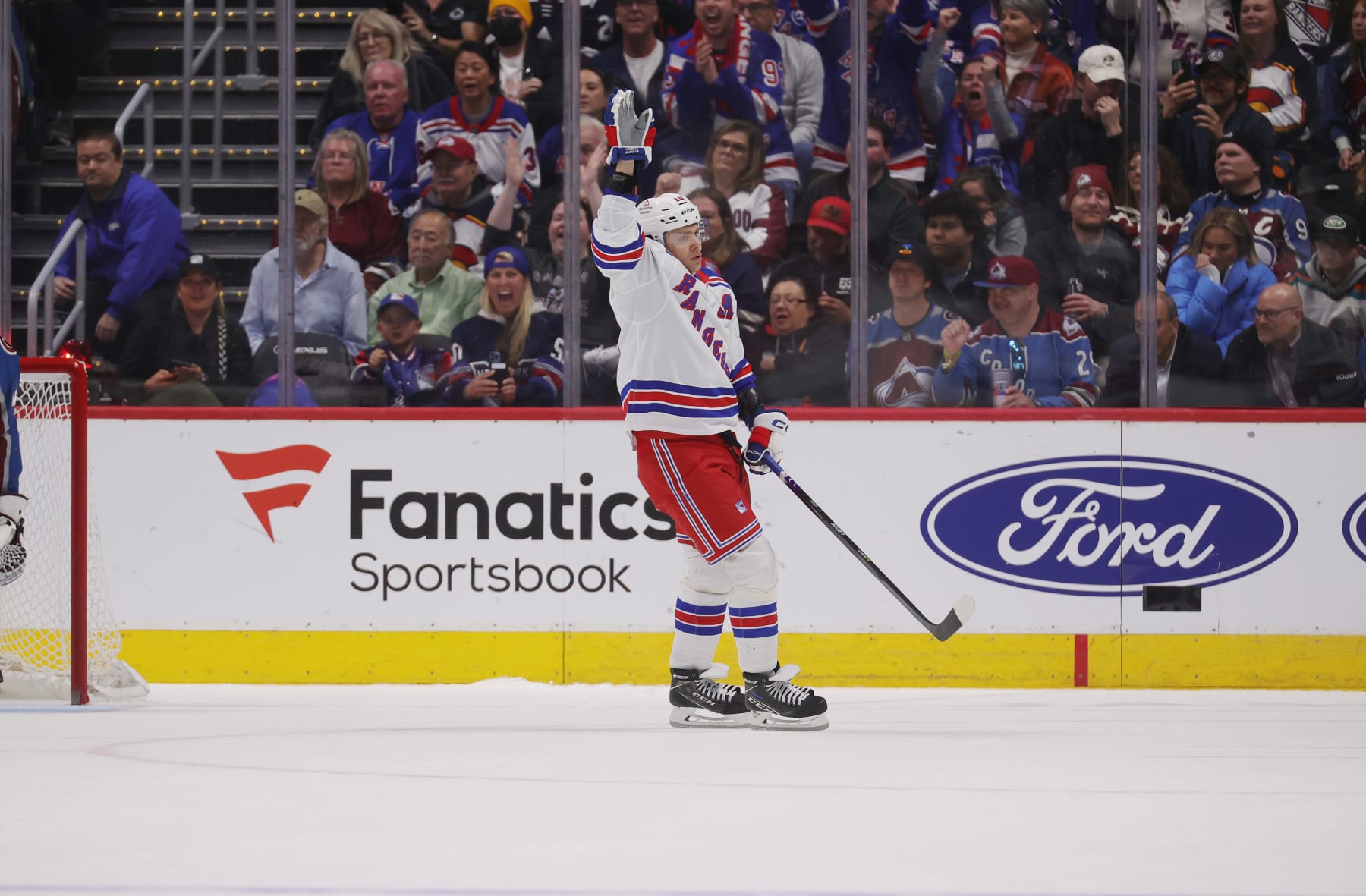 DENVER, COLORADO - MARCH 28: Artemi Panarin #10 of the New York Rangers celebrates a goal against the Colorado Avalanche at Ball Arena on March 28, 2024 in Denver, Colorado. (Photo by Michael Martin/NHLI via Getty Images)