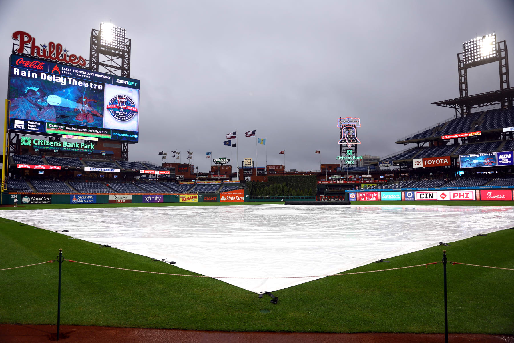 PHILADELPHIA, PENNSYLVANIA - APRIL 03: A general view is seen during a rain delay between the Philadelphia Phillies and the Cincinnati Reds at Citizens Bank Park on April 03, 2024 in Philadelphia, Pennsylvania. (Photo by Tim Nwachukwu/Getty Images)