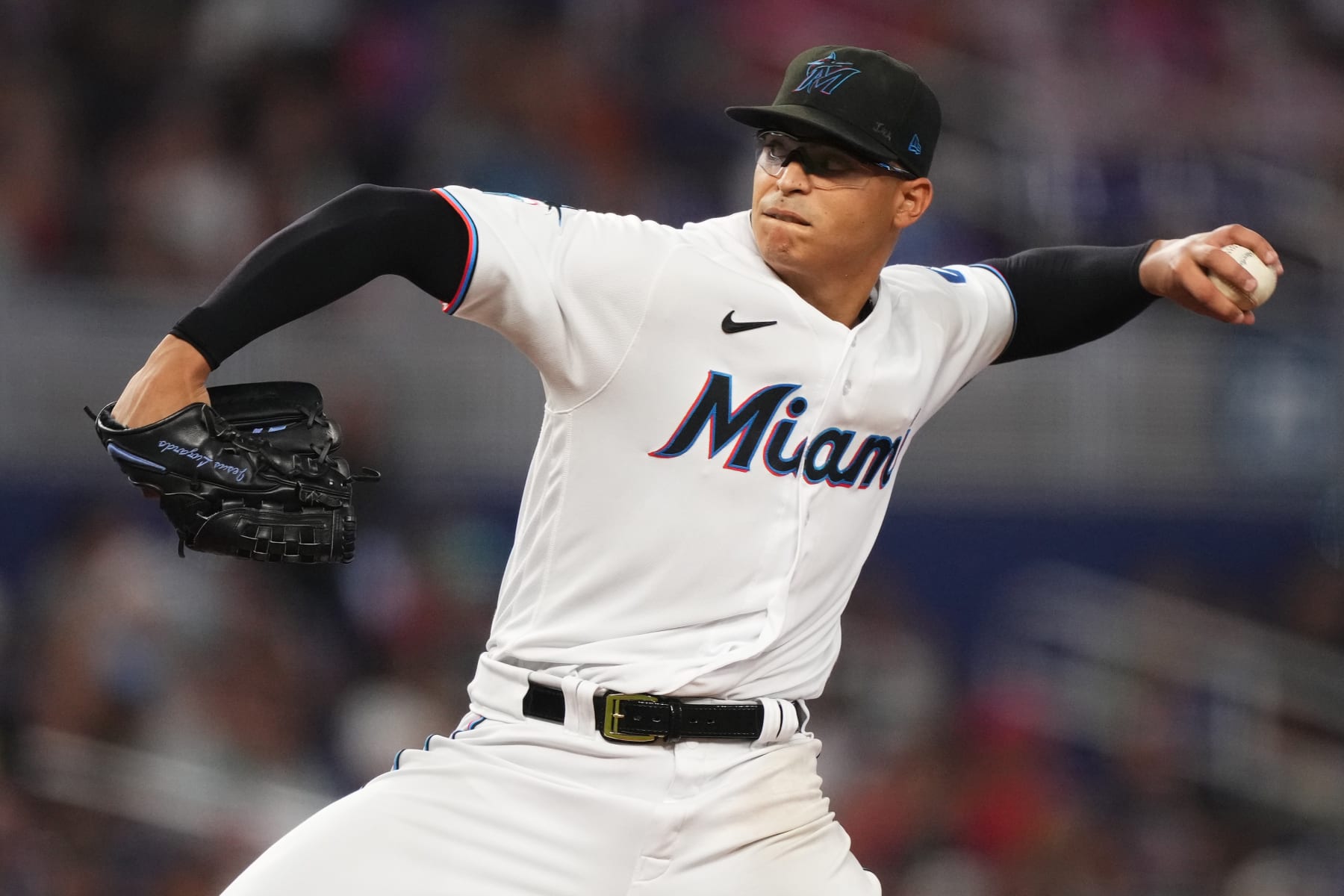 MIAMI, FLORIDA - JULY 30: Jesús Luzardo #44 of the Miami Marlins delivers a pitch in the game against the Detroit Tigers at loanDepot park on July 30, 2023 in Miami, Florida. (Photo by Jasen Vinlove/Miami Marlins/Getty Images)