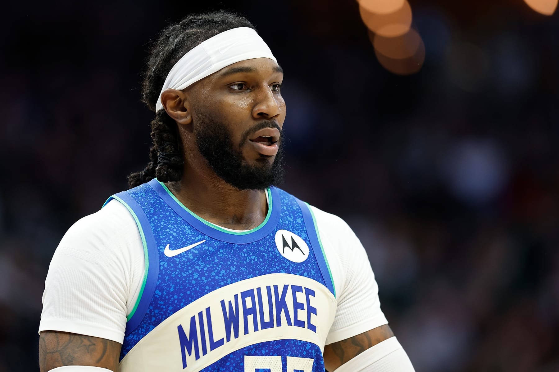 MILWAUKEE, WISCONSIN - MARCH 21: Jae Crowder #99 of the Milwaukee Bucks during the game against the Brooklyn Nets at Fiserv Forum on March 21, 2024 in Milwaukee, Wisconsin. NOTE TO USER: User expressly acknowledges and agrees that, by downloading and or using this photograph, User is consenting to the terms and conditions of the Getty Images License Agreement. (Photo by John Fisher/Getty Images)