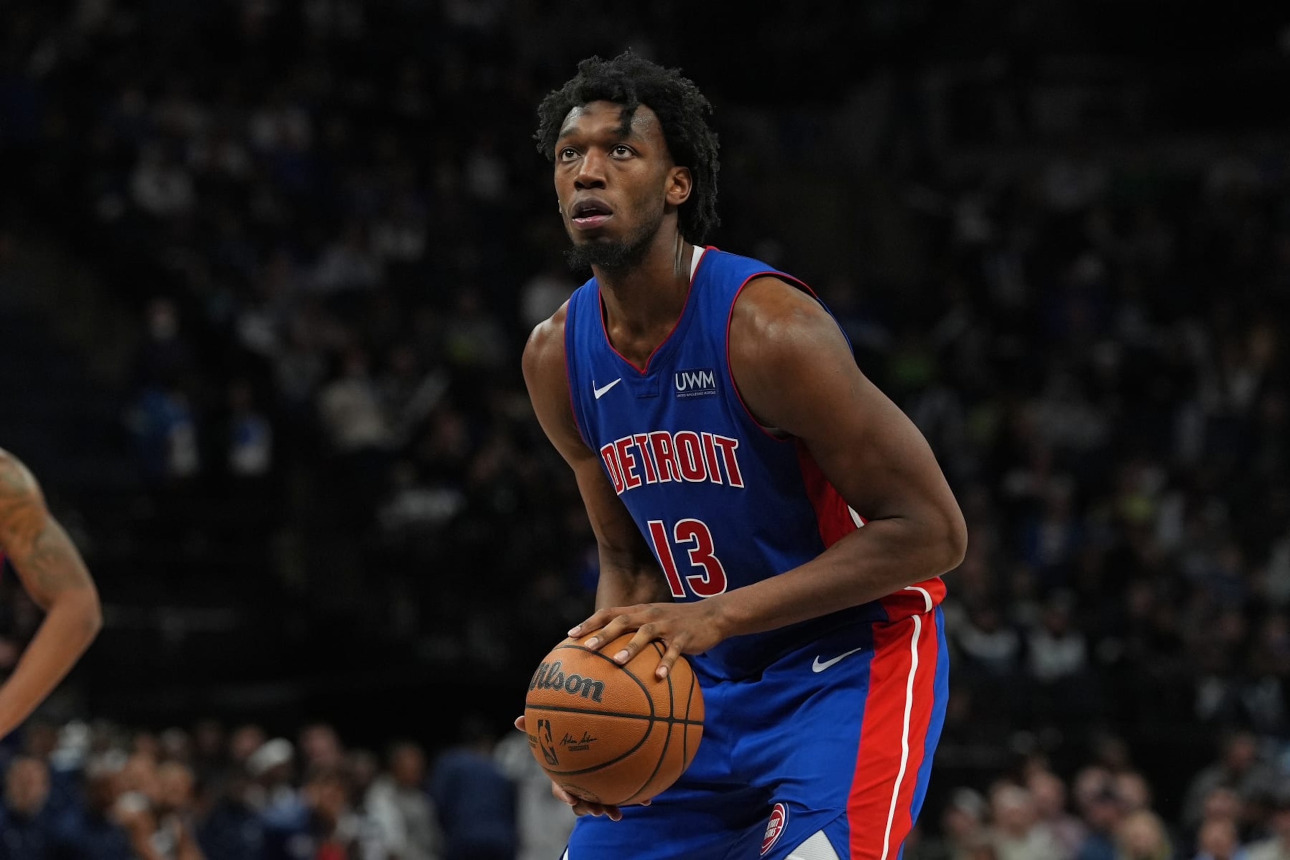 MINNEAPOLIS, MN -  MARCH 27: James Wiseman #13 of the Detroit Pistons shoots a free throw during the game against the Detroit Pistons  on March 27, 2024 at Target Center in Minneapolis, Minnesota. NOTE TO USER: User expressly acknowledges and agrees that, by downloading and or using this Photograph, user is consenting to the terms and conditions of the Getty Images License Agreement. Mandatory Copyright Notice: Copyright 2024 NBAE (Photo by Jordan Johnson/NBAE via Getty Images)