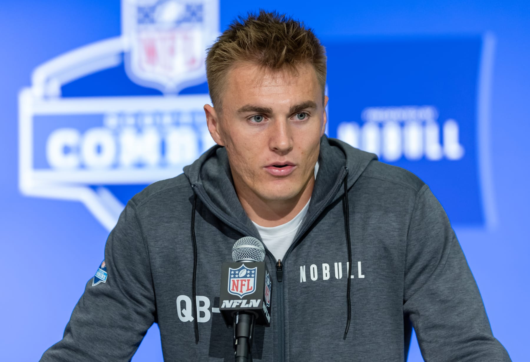 INDIANAPOLIS, INDIANA - MARCH 01: Bo Nix #QB07 of the Oregon Ducks speaks to the media during the 2024 NFL Draft Combine at Lucas Oil Stadium on March 01, 2024 in Indianapolis, Indiana. (Photo by Michael Hickey/Getty Images)