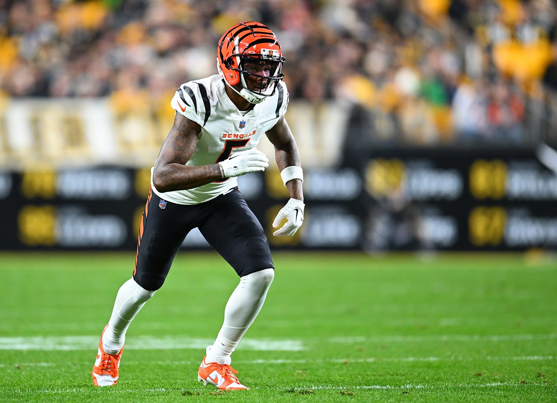 PITTSBURGH, PENNSYLVANIA - DECEMBER 23:  Tee Higgins #5 of the Cincinnati Bengals in action during the game against the  Pittsburgh Steelers at Acrisure Stadium on December 23, 2023 in Pittsburgh, Pennsylvania. (Photo by Joe Sargent/Getty Images)