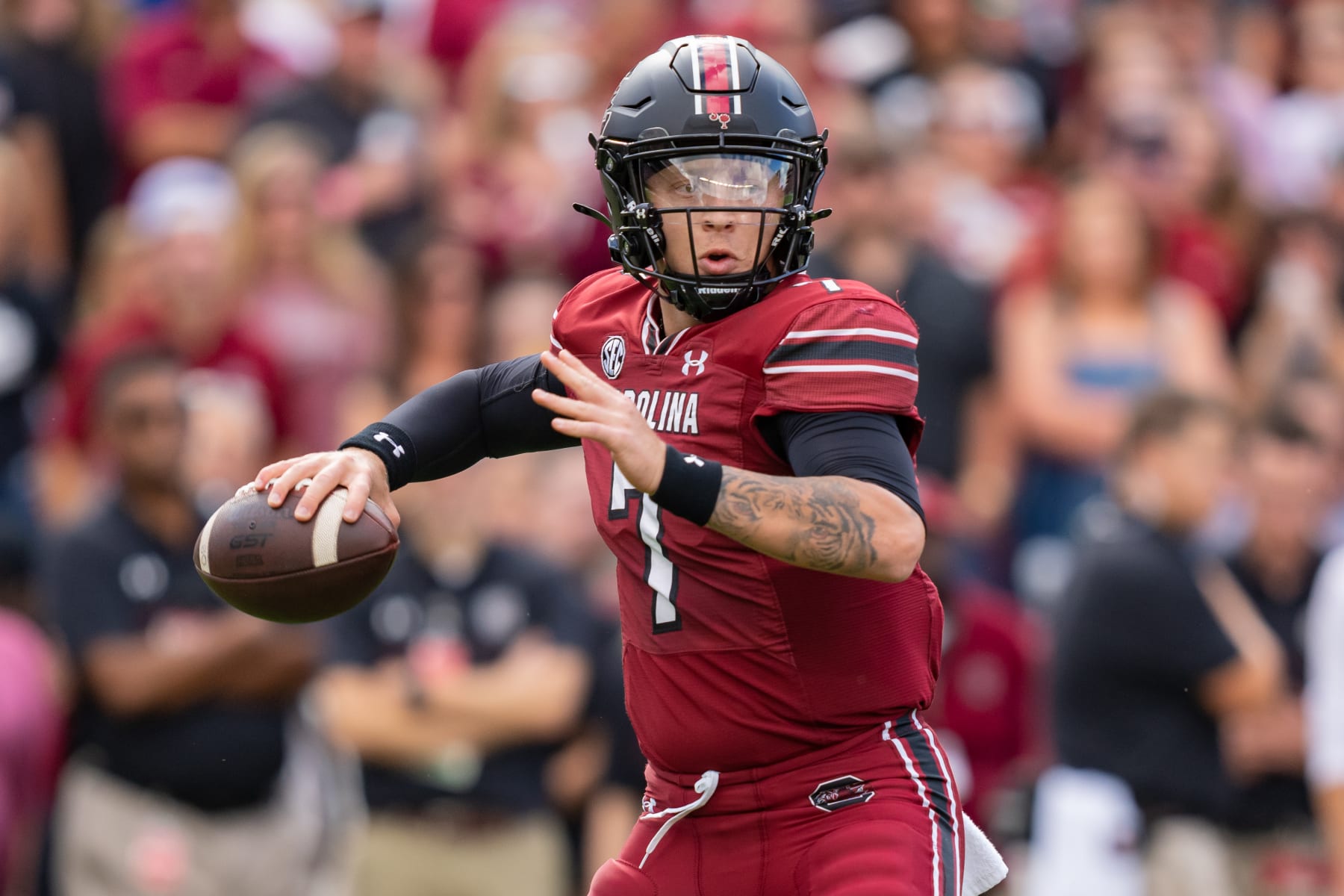 COLUMBIA, SOUTH CAROLINA - OCTOBER 14: Spencer Rattler #7 of the South Carolina Gamecocks plays against the Florida Gators during their game at Williams-Brice Stadium on October 14, 2023 in Columbia, South Carolina. (Photo by Jacob Kupferman/Getty Images)