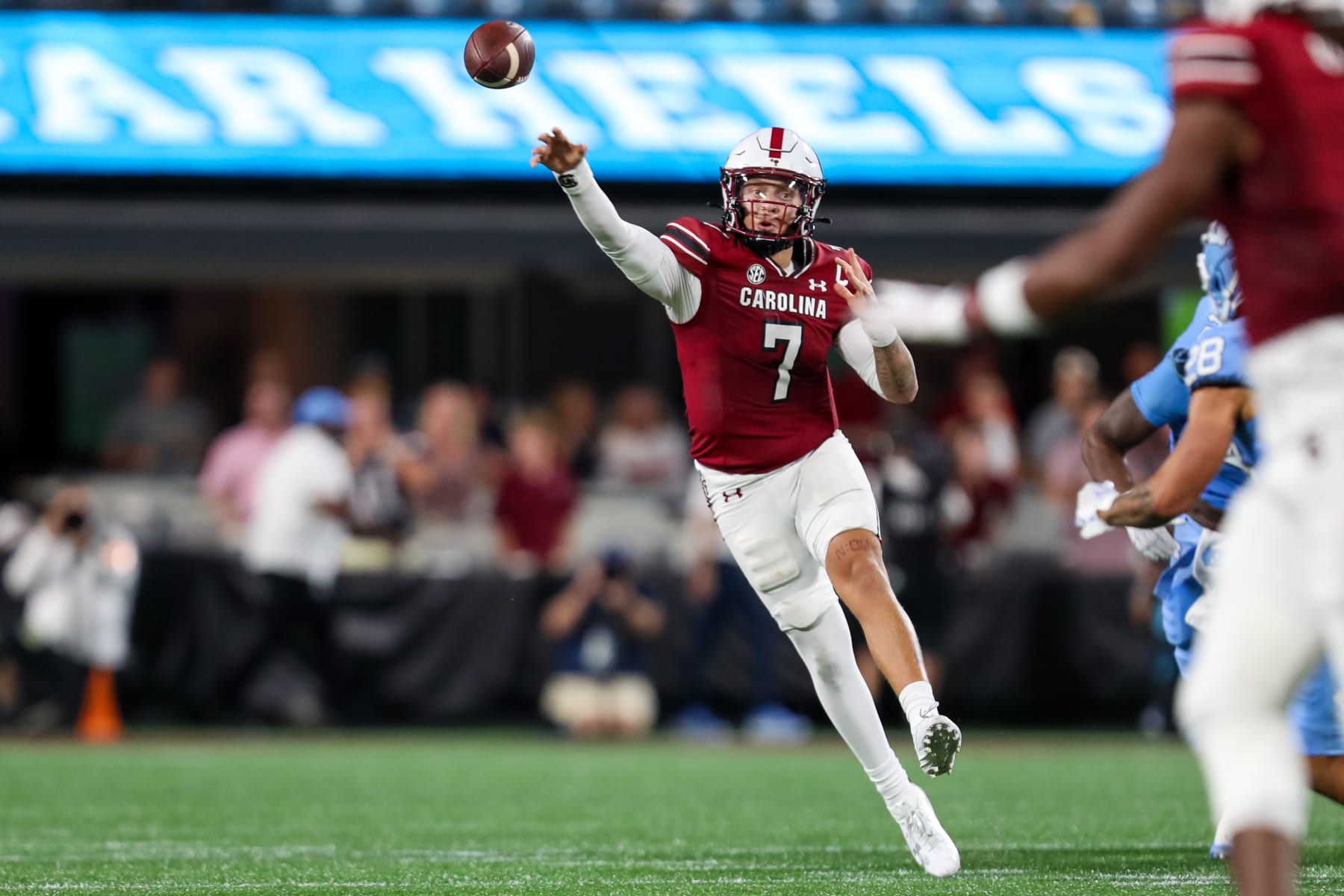 CHARLOTTE, NC - SEPTEMBER 02: Spencer Rattler #7 of the South Carolina Gamecocks passes the ball during a football game against the North Carolina Tar Heels at Bank of America Stadium in Charlotte, North Carolina, on Sep 2, 2023. (Photo by David Jensen/Icon Sportswire via Getty Images)