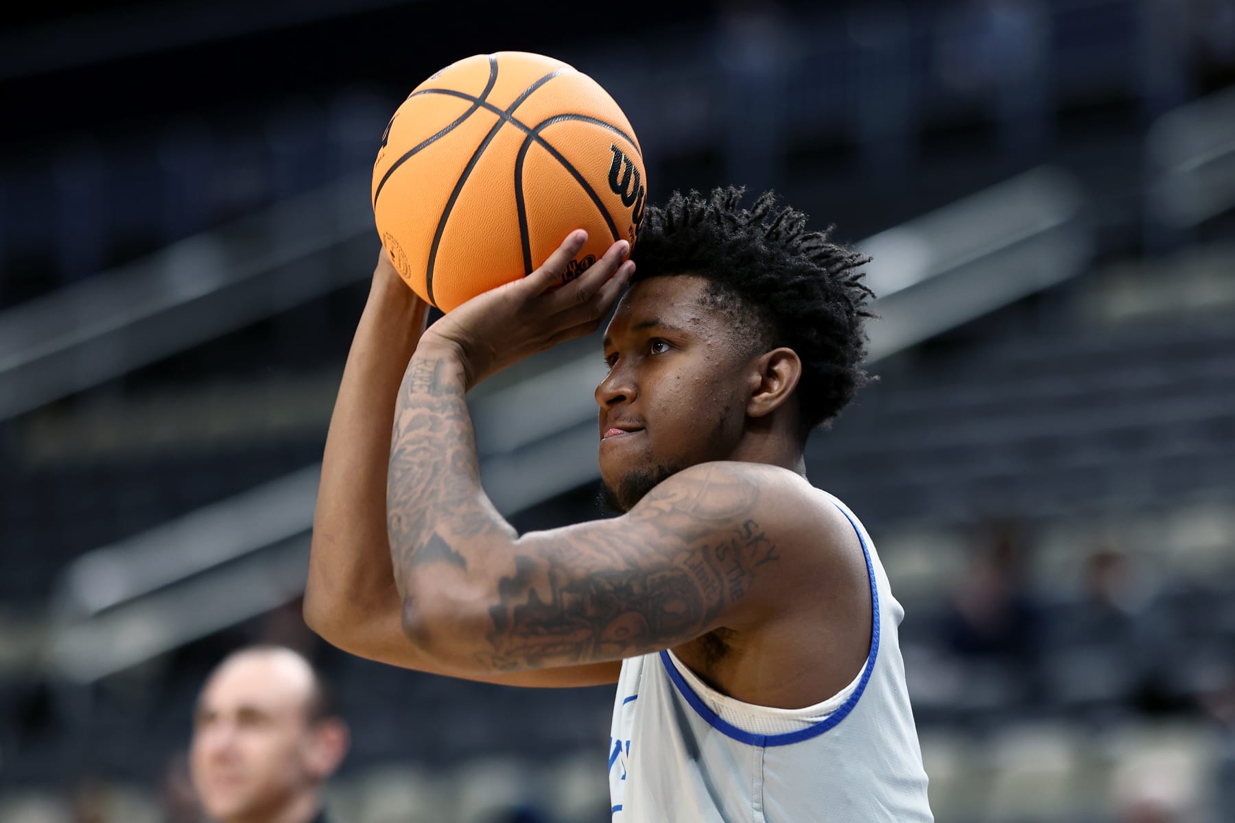 PITTSBURGH, PENNSYLVANIA - MARCH 20: Justin Edwards #1 of the Kentucky Wildcats shoots during practice day at PPG PAINTS Arena on March 20, 2024 in Pittsburgh, Pennsylvania. (Photo by Tim Nwachukwu/Getty Images)