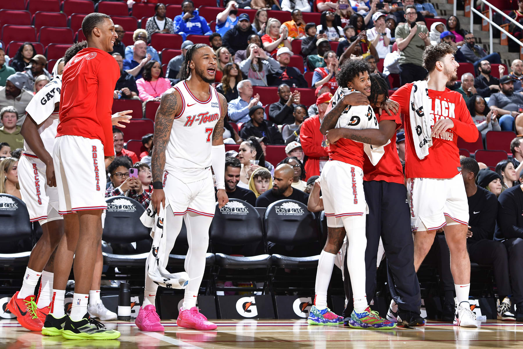 HOUSTON, TX - FEBRUARY 2: The Houston Rockets bench celebrates during the game against the Toronto Raptors on February 2, 2024 at the Toyota Center in Houston, Texas. NOTE TO USER: User expressly acknowledges and agrees that, by downloading and or using this photograph, User is consenting to the terms and conditions of the Getty Images License Agreement. Mandatory Copyright Notice: Copyright 2024 NBAE (Photo by Logan Riely/NBAE via Getty Images)