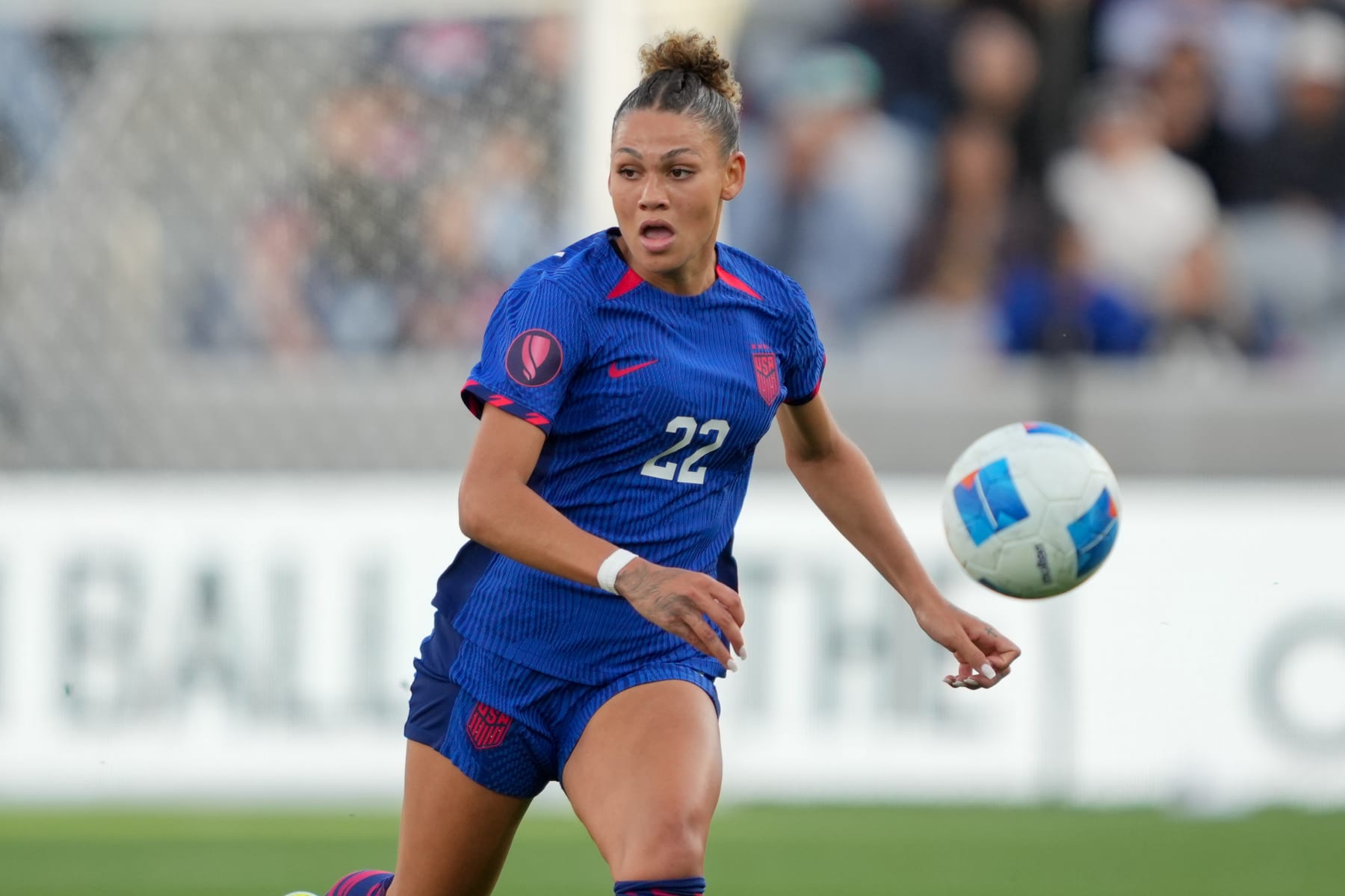 SAN DIEGO, CA - MARCH 10: Trinity Rodman #22 of the United States moves to the ball during the 2024 Concacaf W Gold Cup Final game between Brazil and USWNT at Snapdragon Stadium on March 10, 2024 in San Diego, California. (Photo by John Todd/ISI Photos/Getty Images)