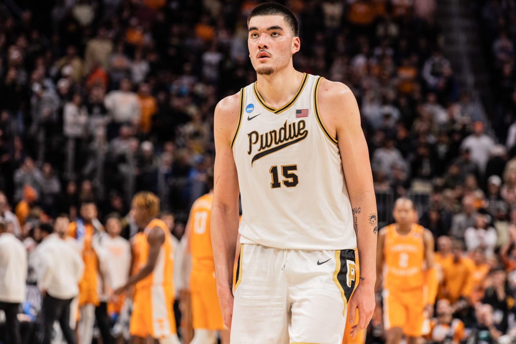 DETROIT, UNITED STATES - 2024/03/31: Zach Edey of Purdue Boilermakers in action against the Tennessee Volunteers in the Elite Eight round of the NCAA Men's Basketball Tournament at Little Caesars Arena. Final score; Purdue 72-66 Tennessee. (Photo by Nicholas Muller/SOPA Images/LightRocket via Getty Images)