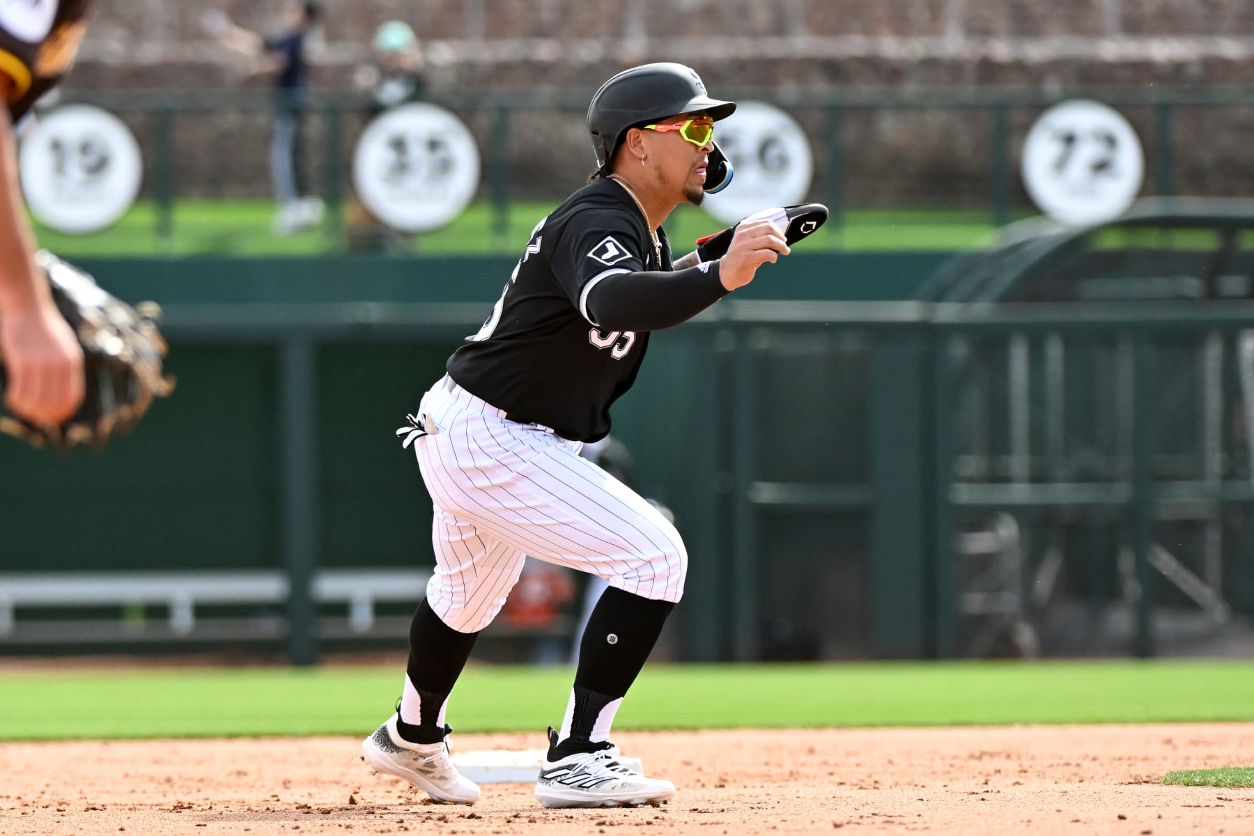 GLENDALE, ARIZONA - FEBRUARY 28, 2024: José Rodríguez #55 of the Chicago White Sox takes a lead at second base during the seventh inning of a spring training game against the San Diego Padres at Camelback Ranch on February 28, 2024 in Glendale, Arizona. (Photo by David Durochik/Diamond Images via Getty Images)