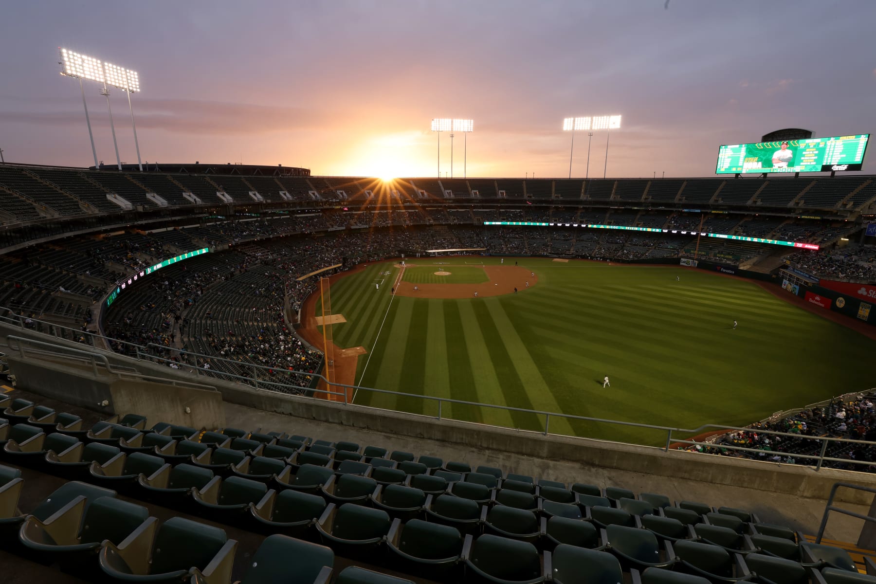 OAKLAND, CALIFORNIA - MARCH 28: A general view of the Oakland Athletics playing against the Cleveland Guardians in the second inning at Oakland Coliseum on March 28, 2024 in Oakland, California. (Photo by Ezra Shaw/Getty Images)
