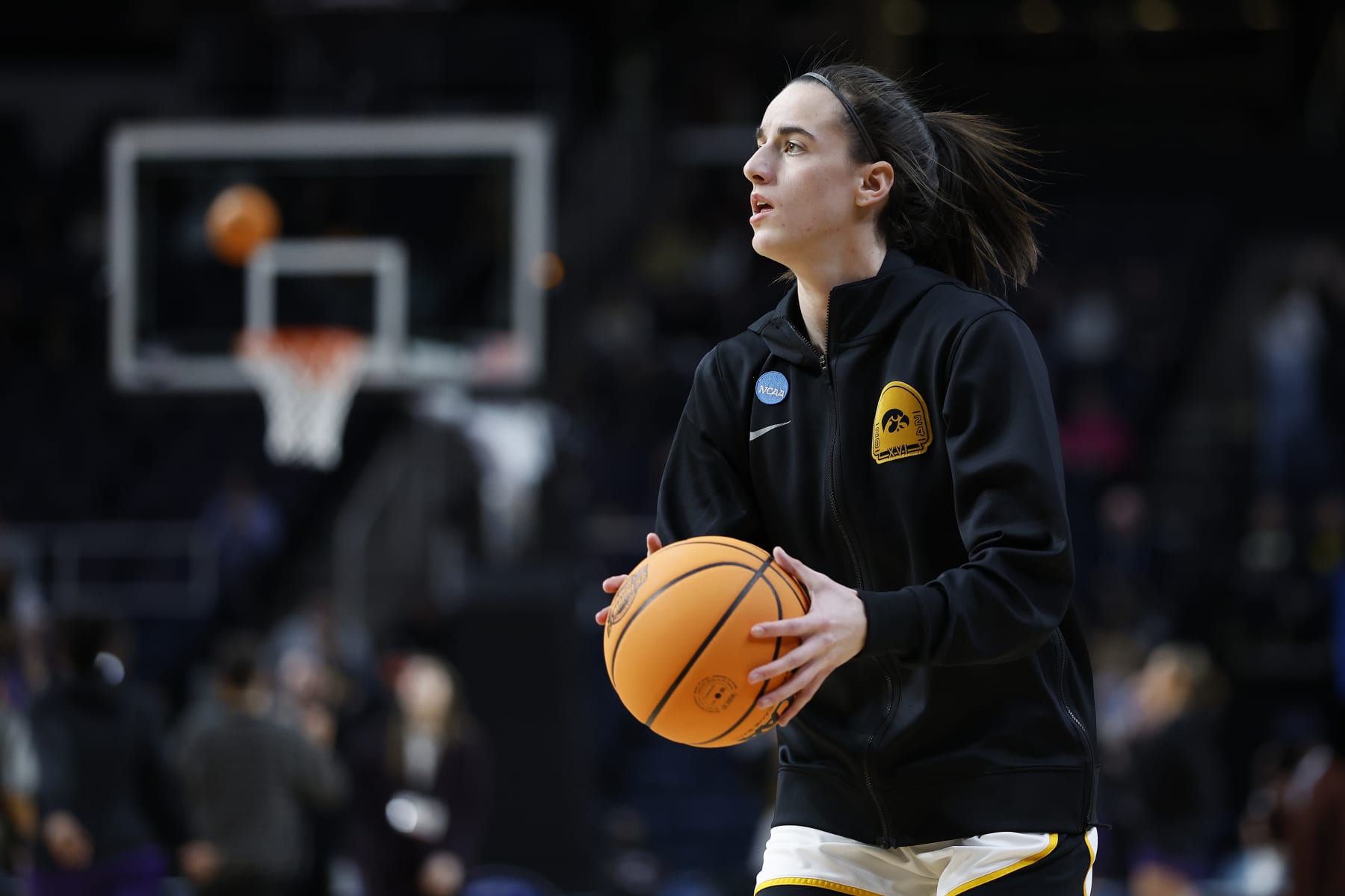 ALBANY, NEW YORK - APRIL 01: Caitlin Clark #22 of the Iowa Hawkeyes looks on before a game against the Iowa Hawkeyes in the Elite 8 round of the NCAA Women's Basketball Tournament at MVP Arena on April 01, 2024 in Albany, New York. (Photo by Sarah Stier/Getty Images)