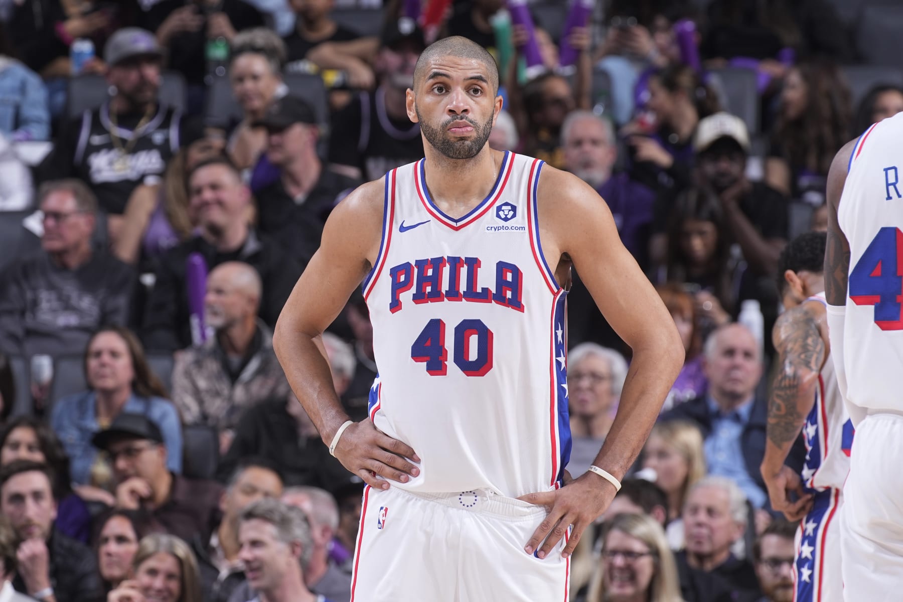 SACRAMENTO, CA - MARCH 25: Nicolas Batum #40 of the Philadelphia 76ers looks on during the game against the Sacramento Kings on March 25, 2024 at Golden 1 Center in Sacramento, California. NOTE TO USER: User expressly acknowledges and agrees that, by downloading and or using this photograph, User is consenting to the terms and conditions of the Getty Images Agreement. Mandatory Copyright Notice: Copyright 2024 NBAE (Photo by Rocky Widner/NBAE via Getty Images)