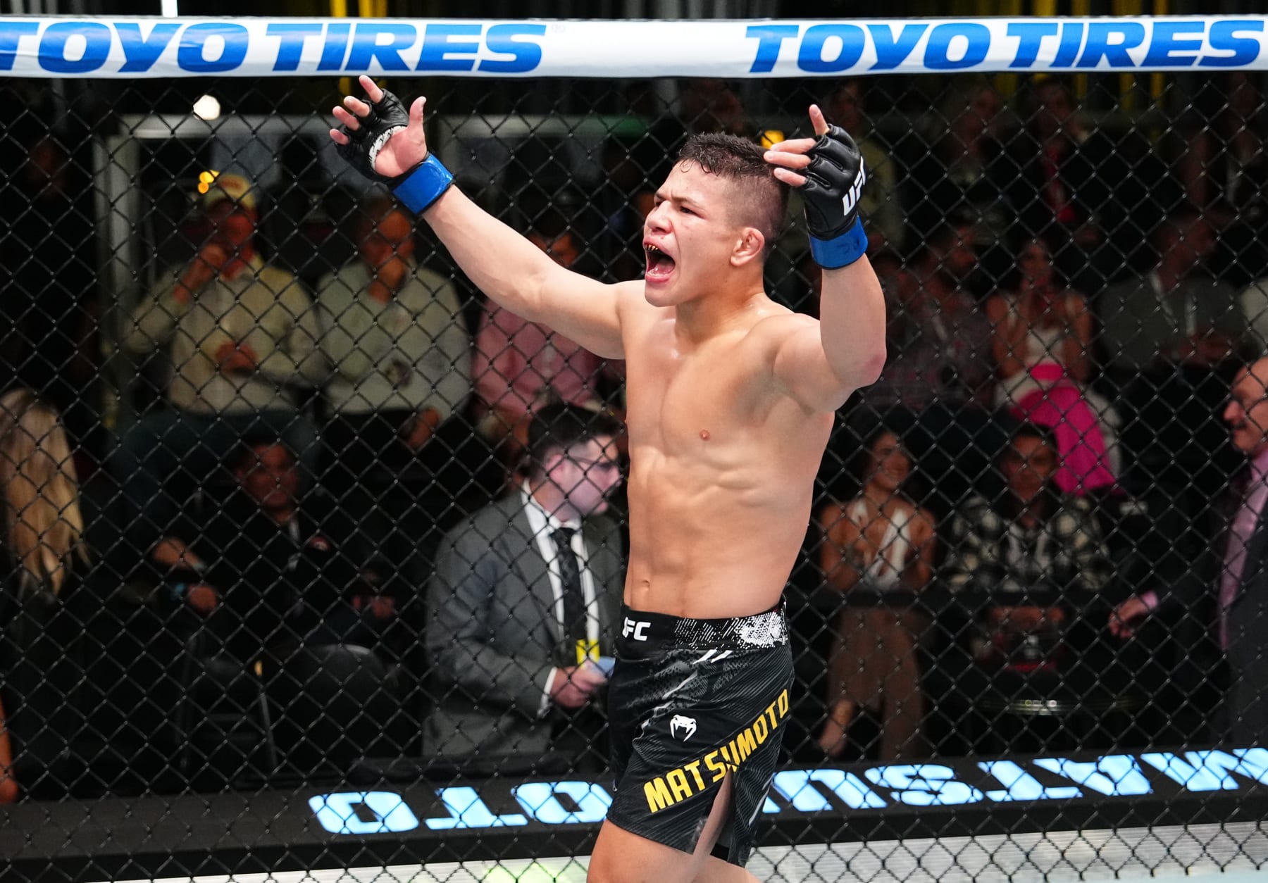LAS VEGAS, NEVADA - APRIL 06: Jean Matsumoto of Brazil reacts after his submission victory against Dan Argueta in a bantamweight fight during the UFC Fight Night event at UFC APEX on April 06, 2024 in Las Vegas, Nevada. (Photo by Jeff Bottari/Zuffa LLC via Getty Images)