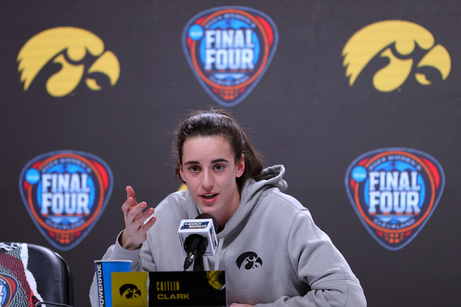 CLEVELAND, OHIO - APRIL 06: Caitlin Clark #22 of the Iowa Hawkeyes speaks to media during interviews ahead of the 2024 NCAA Women's Final Four National Championship against the South Carolina Gamecocks at Rocket Mortgage Fieldhouse on April 06, 2024 in Cleveland, Ohio. (Photo by Mike Lawrie/Getty Images)