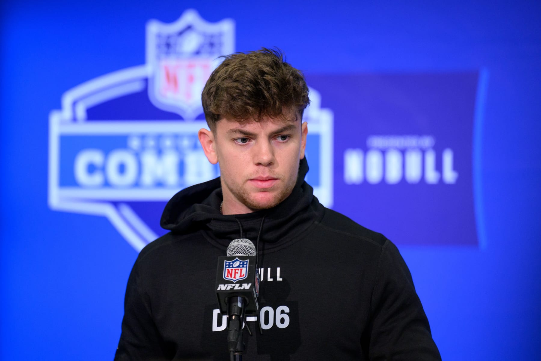 INDIANAPOLIS, IN - FEBRUARY 29: Iowa defensive back Cooper DeJean answers questions from the media during the NFL Scouting Combine on February 29, 2024, at the Indiana Convention Center in Indianapolis, IN. (Photo by Zach Bolinger/Icon Sportswire via Getty Images)