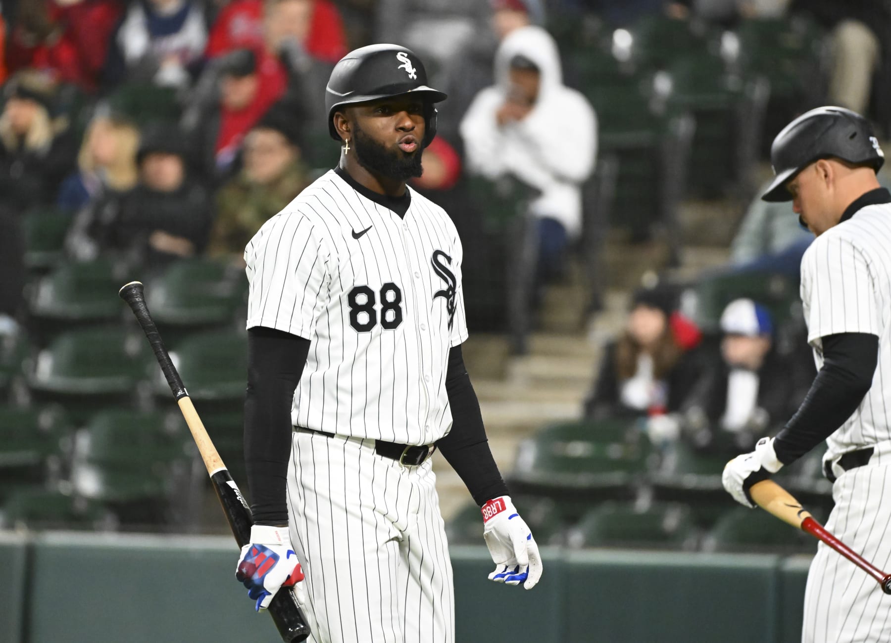 CHICAGO, ILLINOIS - APRIL 02: Luis Robert Jr. #88 of the Chicago White Sox reacts after striking out during the fourth inning of a game against the Atlanta Braves at Guaranteed Rate Field on April 02, 2024 in Chicago, Illinois. (Photo by Nuccio DiNuzzo/Getty Images)