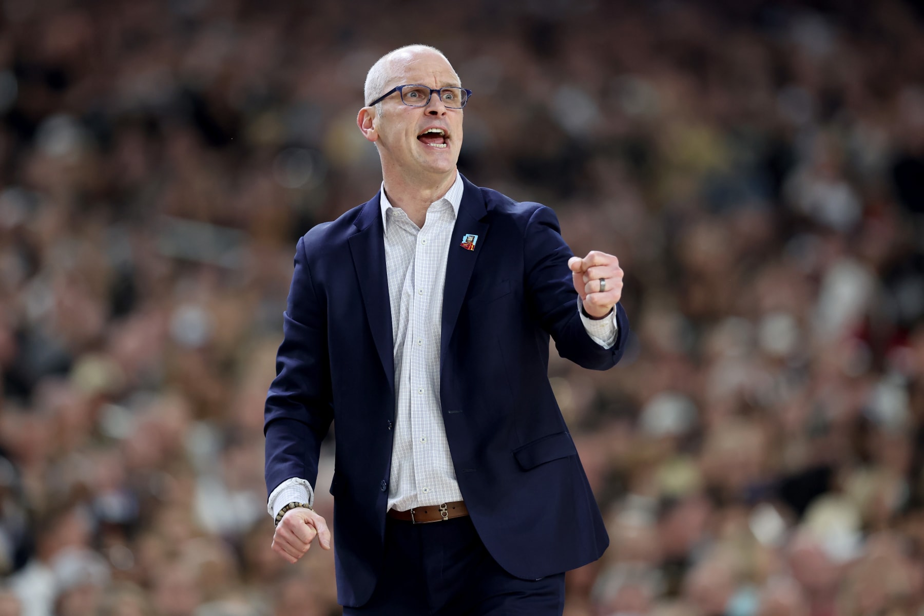 GLENDALE, ARIZONA - APRIL 08: Head coach Dan Hurley of the Connecticut Huskies reacts in the first half against the Purdue Boilermakers during the NCAA Men's Basketball Tournament National Championship game at State Farm Stadium on April 08, 2024 in Glendale, Arizona. (Photo by Christian Petersen/Getty Images)