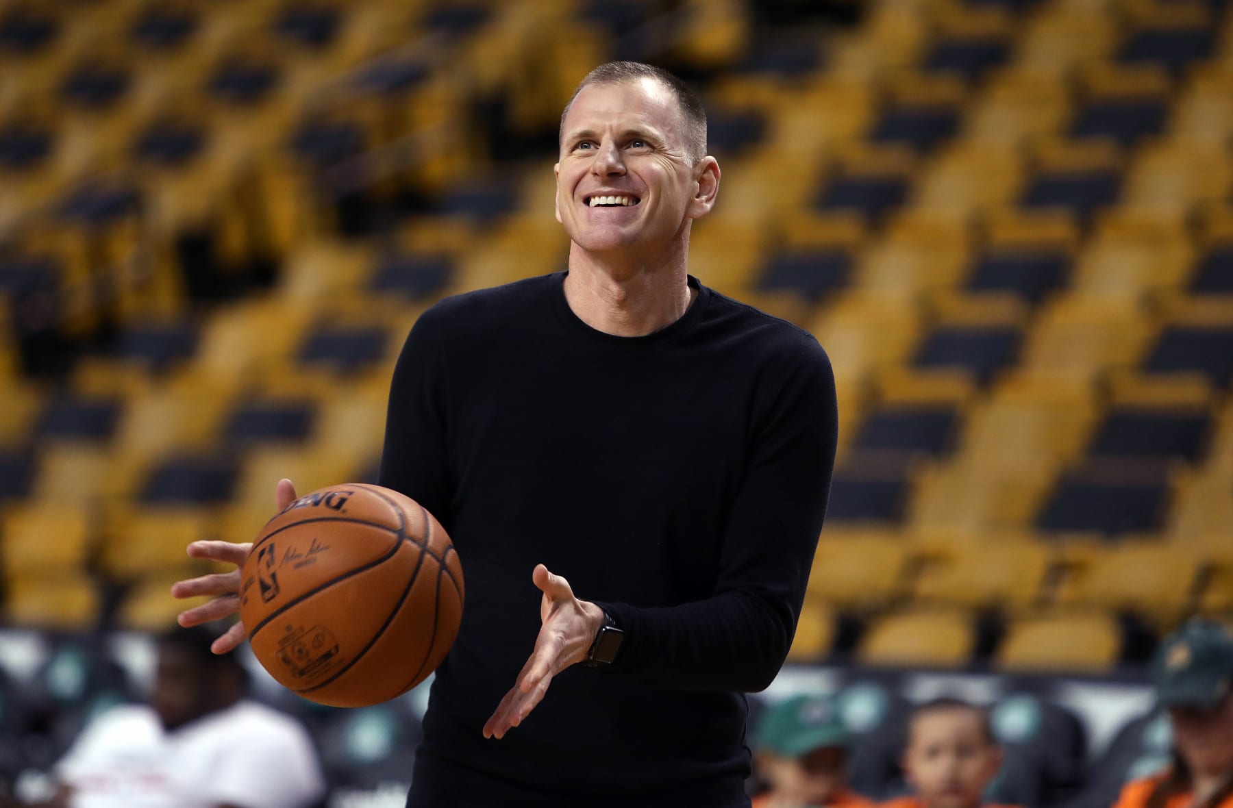 BOSTON, MA - APRIL 28:  Boston Celtics assistant coach Jay Larranaga  during some pre game warmup time.   The Boston Celtics hosted the Milwaukee Bucks for Game Seven of their NBA Eastern Conference first round playoff series at TD Garden in Boston on April 28, 2018. (Photo by Jim Davis/The Boston Globe via Getty Images)