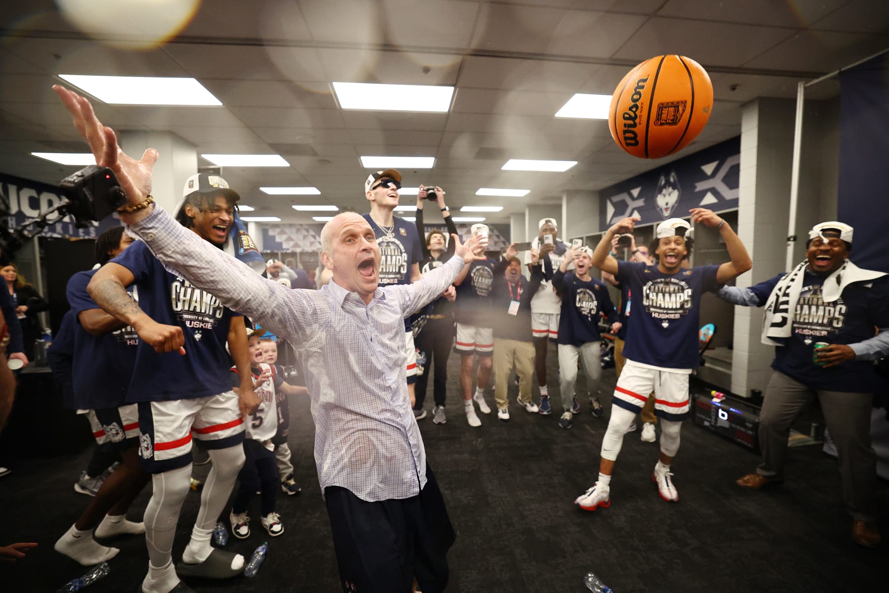 GLENDALE, ARIZONA - APRIL 08: head coach Dan Hurley of the Connecticut Huskies celebrates after defeating the Purdue Boilermakers in the NCAA Men's Basketball Tournament National Championship game at State Farm Stadium on April 08, 2024 in Glendale, Arizona. (Photo by Jamie Schwaberow/NCAA Photos via Getty Images)