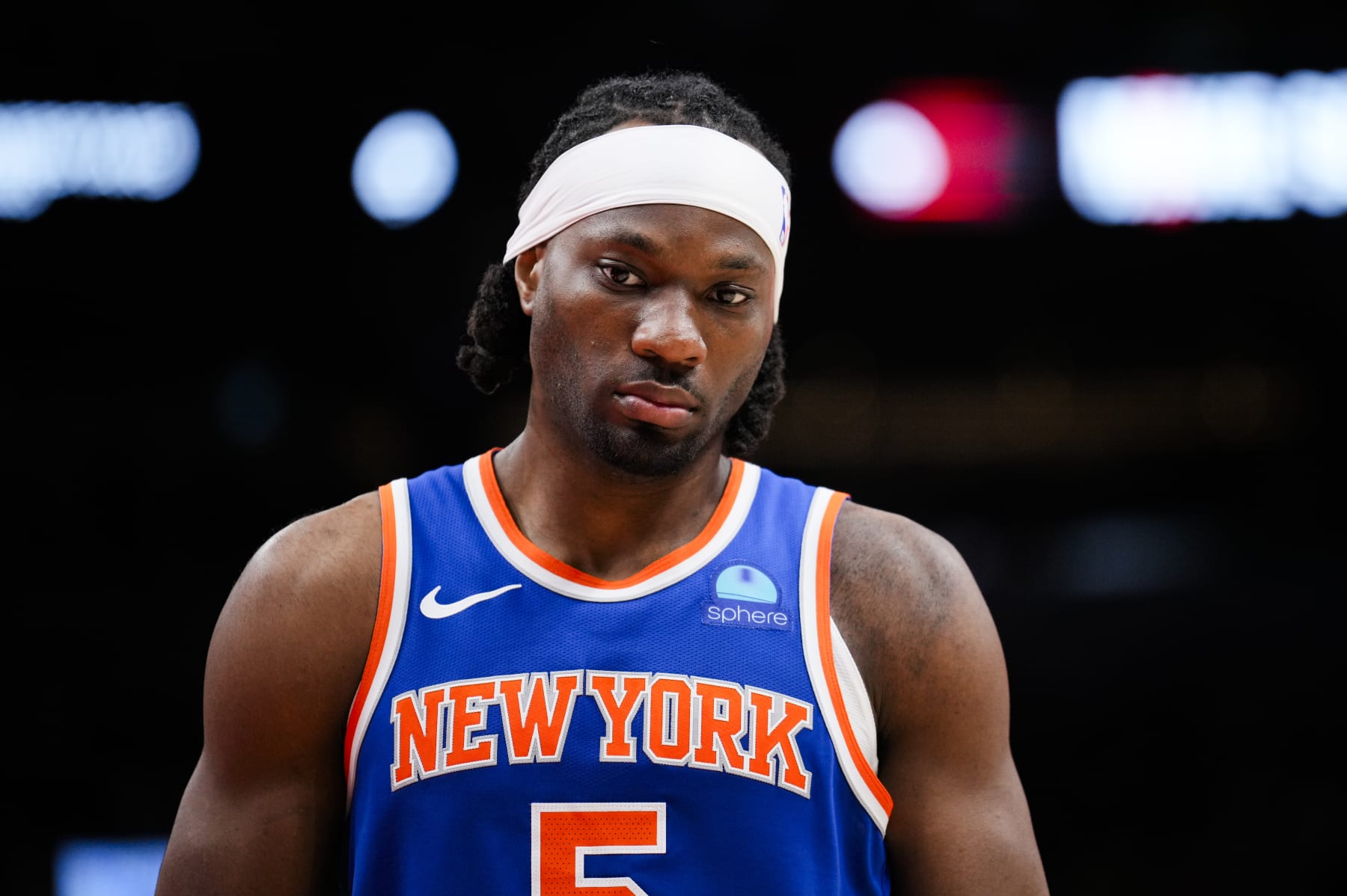 TORONTO, ON - MARCH 27: Precious Achiuwa #5 of the New York Knicks looks on against the Toronto Raptors during the second half of their basketball game at the Scotiabank Arena on March 27, 2024 in Toronto, Ontario, Canada. NOTE TO USER: User expressly acknowledges and agrees that, by downloading and/or using this Photograph, user is consenting to the terms and conditions of the Getty Images License Agreement. (Photo by Mark Blinch/Getty Images)