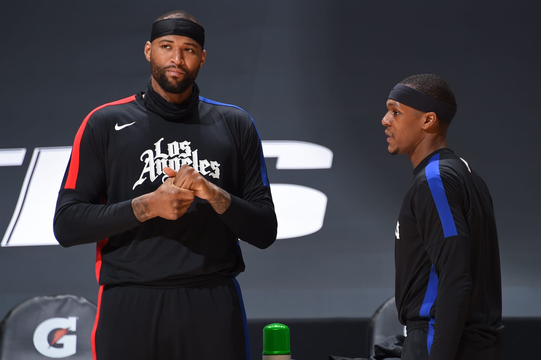 LOS ANGELES, CA - APRIL 11: DeMarcus Cousins #15 of the LA Clippers talks to Rajon Rondo #4 of the LA Clippers before the game against the Detroit Pistons on April 11, 2021 at STAPLES Center in Los Angeles, California. NOTE TO USER: User expressly acknowledges and agrees that, by downloading and/or using this Photograph, user is consenting to the terms and conditions of the Getty Images License Agreement. Mandatory Copyright Notice: Copyright 2021 NBAE (Photo by Adam Pantozzi/NBAE via Getty Images)