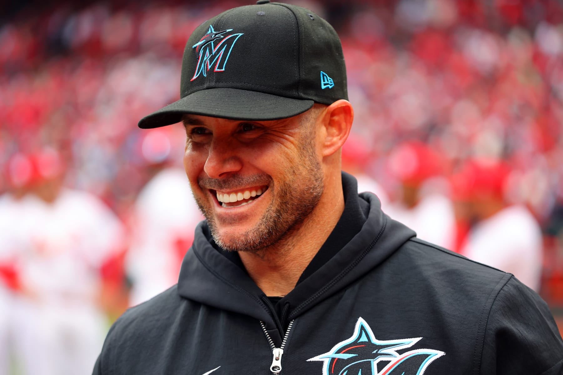 ST. LOUIS, MO - APRIL 04: St. Miami Marlins manager Skip Schumaker #45 reacts prior to to the game between the Miami Marlins and the St. Louis Cardinals at Busch Stadium on Thursday, April 4, 2024 in St. Louis, Missouri. (Photo by Dilip Vishwanat/MLB Photos via Getty Images)