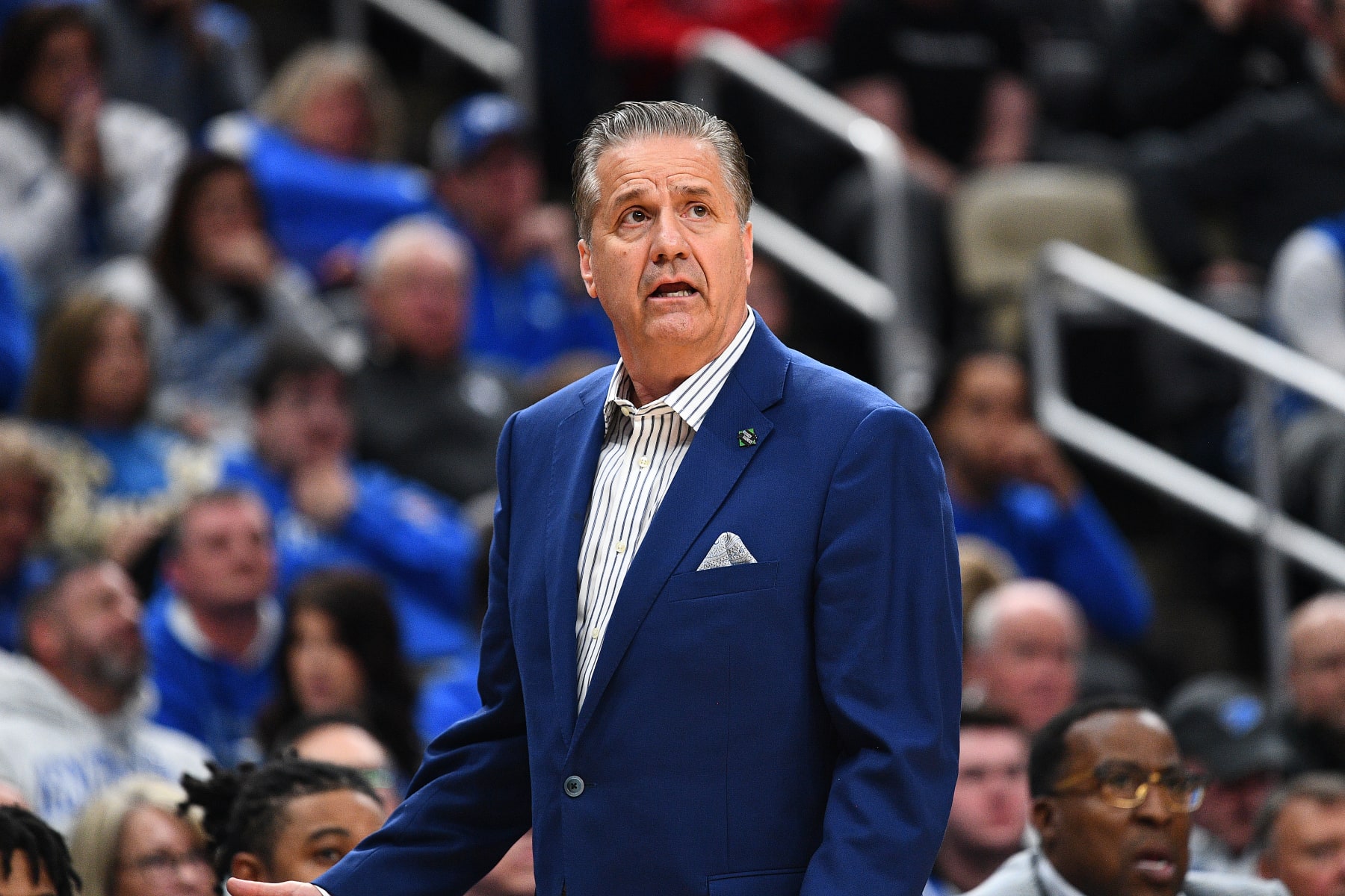 PITTSBURGH, PENNSYLVANIA - MARCH 21: Head coach John Calipari of the Kentucky Wildcats reacts to a call during the first half of a game against the Oakland Golden Grizzlies in the first round of the NCAA Men's Basketball Tournament at PPG PAINTS Arena on March 21, 2024 in Pittsburgh, Pennsylvania. (Photo by Joe Sargent/Getty Images)