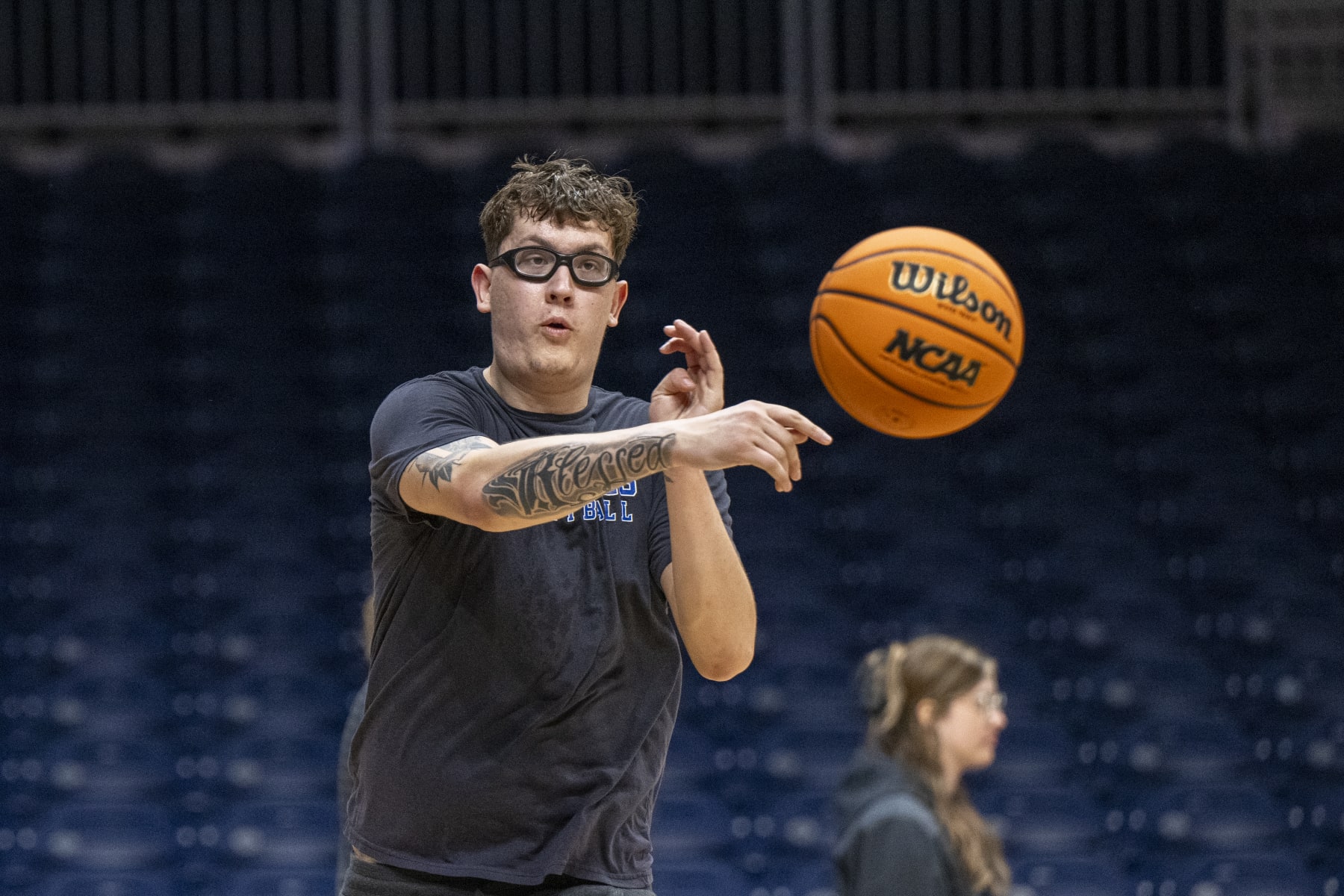 INDIANAPOLIS, INDIANA - APRIL 1: Robbie Avila #21 of the Indiana State Sycamores runs through a drill during the team's practice for the NIT at Hinkle Fieldhouse on April 1, 2024 in Indianapolis, Indiana. (Photo by Doug McSchooler/NCAA Photos via Getty Images)