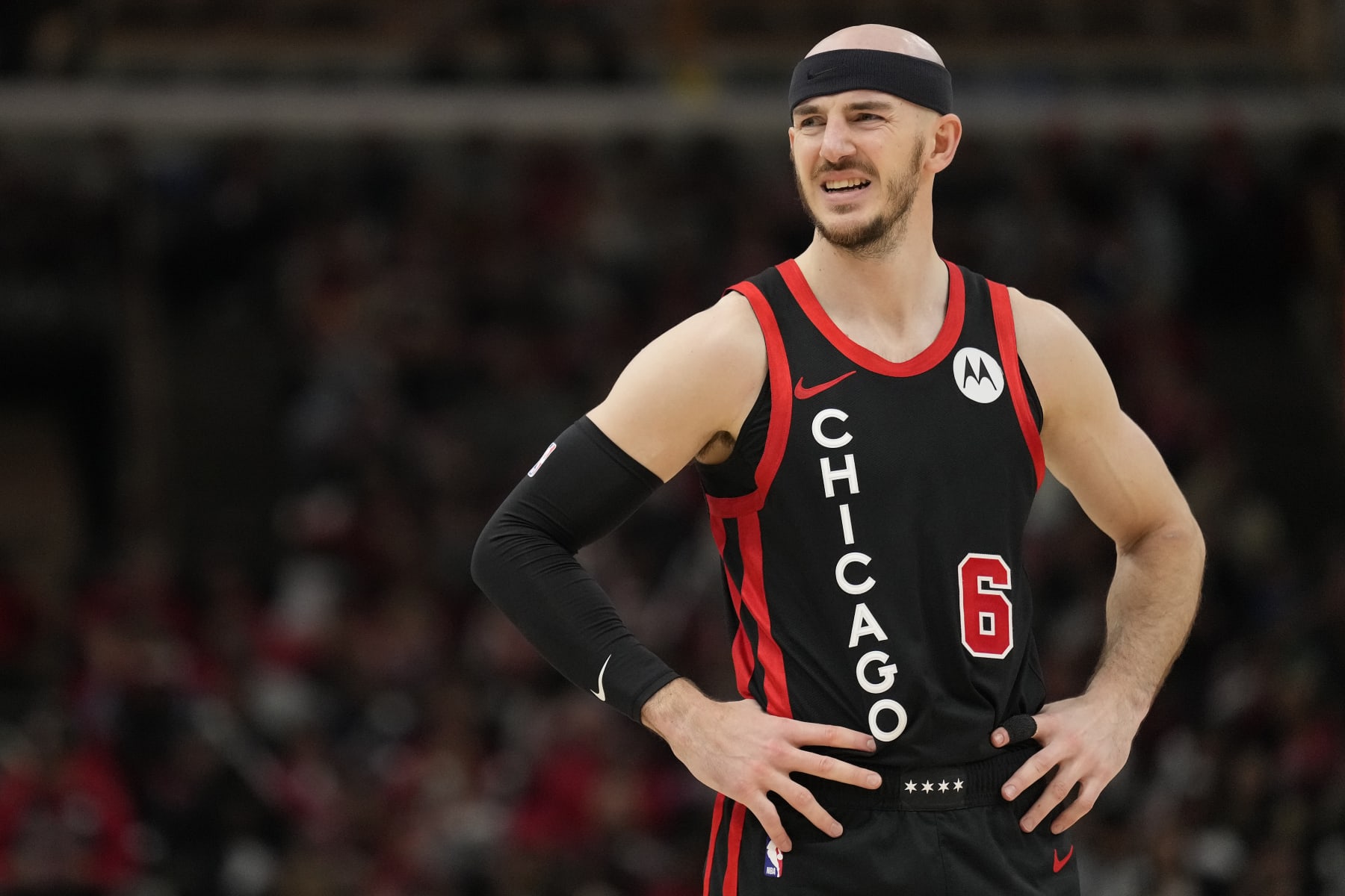 CHICAGO, ILLINOIS - APRIL 01: Alex Caruso #6 of the Chicago Bulls looks on during the second half against the Atlanta Hawks at the United Center on April 01, 2024 in Chicago, Illinois. NOTE TO USER: User expressly acknowledges and agrees that, by downloading and or using this photograph, User is consenting to the terms and conditions of the Getty Images License Agreement. (Photo by Patrick McDermott/Getty Images)
