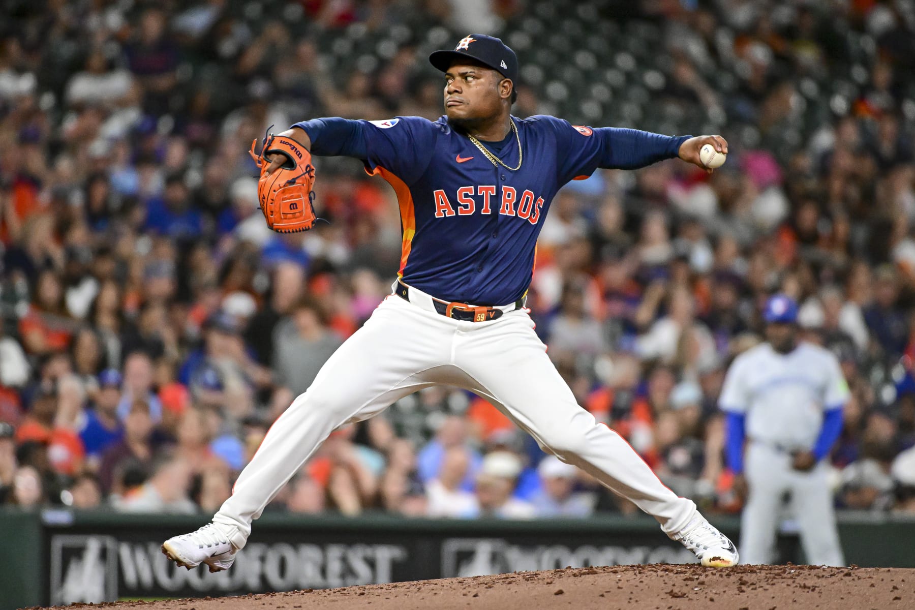 HOUSTON, TEXAS - APRIL 02: Framber Valdez #59 of the Houston Astros pitches in the second inning against the Toronto Blue Jays at Minute Maid Park on April 02, 2024 in Houston, Texas. (Photo by Logan Riely/Getty Images)