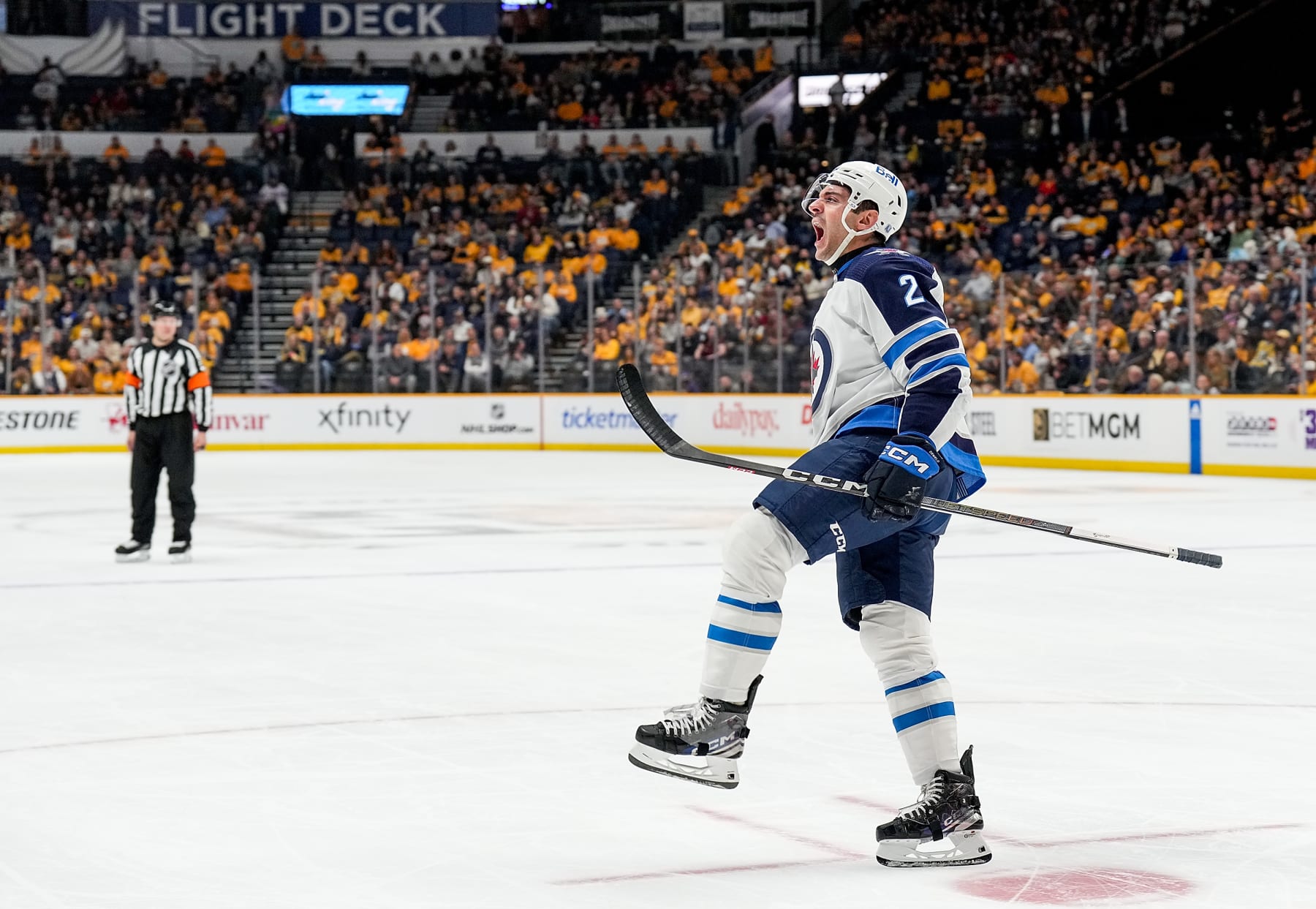 NASHVILLE, TENNESSEE - APRIL 9: Dylan DeMelo #2 of the Winnipeg Jets celebrates his goal against the Nashville Predators during an NHL game at Bridgestone Arena on April 9, 2024 in Nashville, Tennessee. (Photo by John Russell/NHLI via Getty Images)