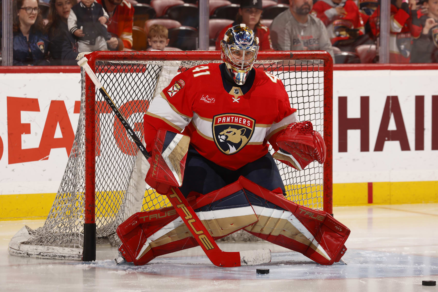 SUNRISE, FLORIDA - APRIL 9: Goaltender Anthony Stolarz #41 of the Florida Panthers warms up in the net prior to the start of the game against the Ottawa Senators at the Amerant Bank Arena on April 9, 2024 in Sunrise, Florida. (Photo by Eliot J. Schechter/NHLI via Getty Images)