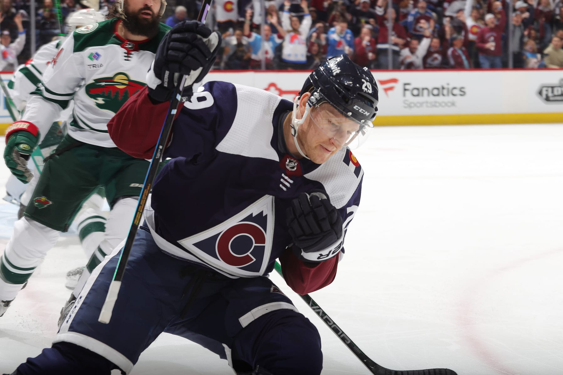 DENVER, COLORADO - APRIL 09: Nathan MacKinnon #29 of the Colorado Avalanche celebrates a goal against the Minnesota Wild at Ball Arena on April 9, 2024 in Denver, Colorado. (Photo by Michael Martin/NHLI via Getty Images)