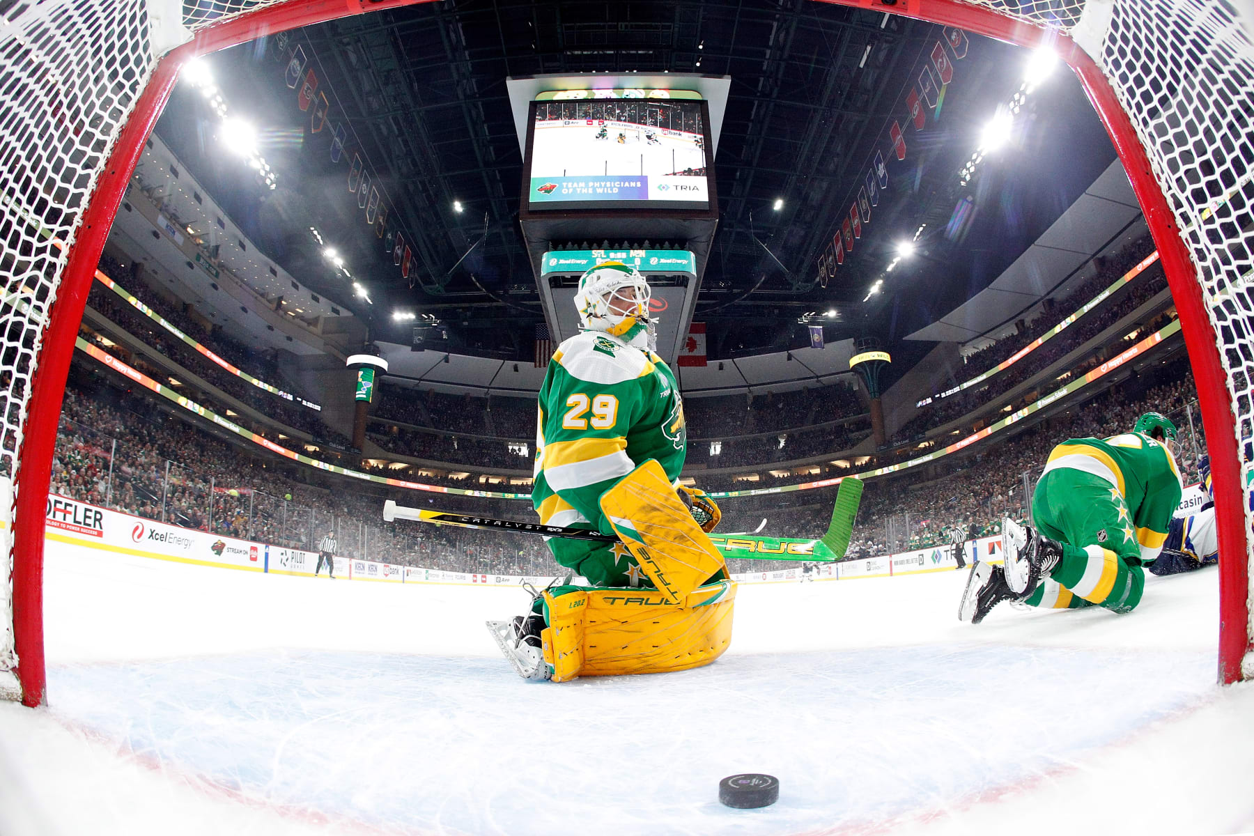 ST PAUL, MINNESOTA - MARCH 23: Marc-Andre Fleury #29 of the Minnesota Wild reacts to giving up a goal to Jake Neighbours #63 of the St. Louis Blues in the first period at Xcel Energy Center on March 23, 2024 in St Paul, Minnesota. The Blues defeated the Wild 5-4 in overtime. (Photo by David Berding/Getty Images)