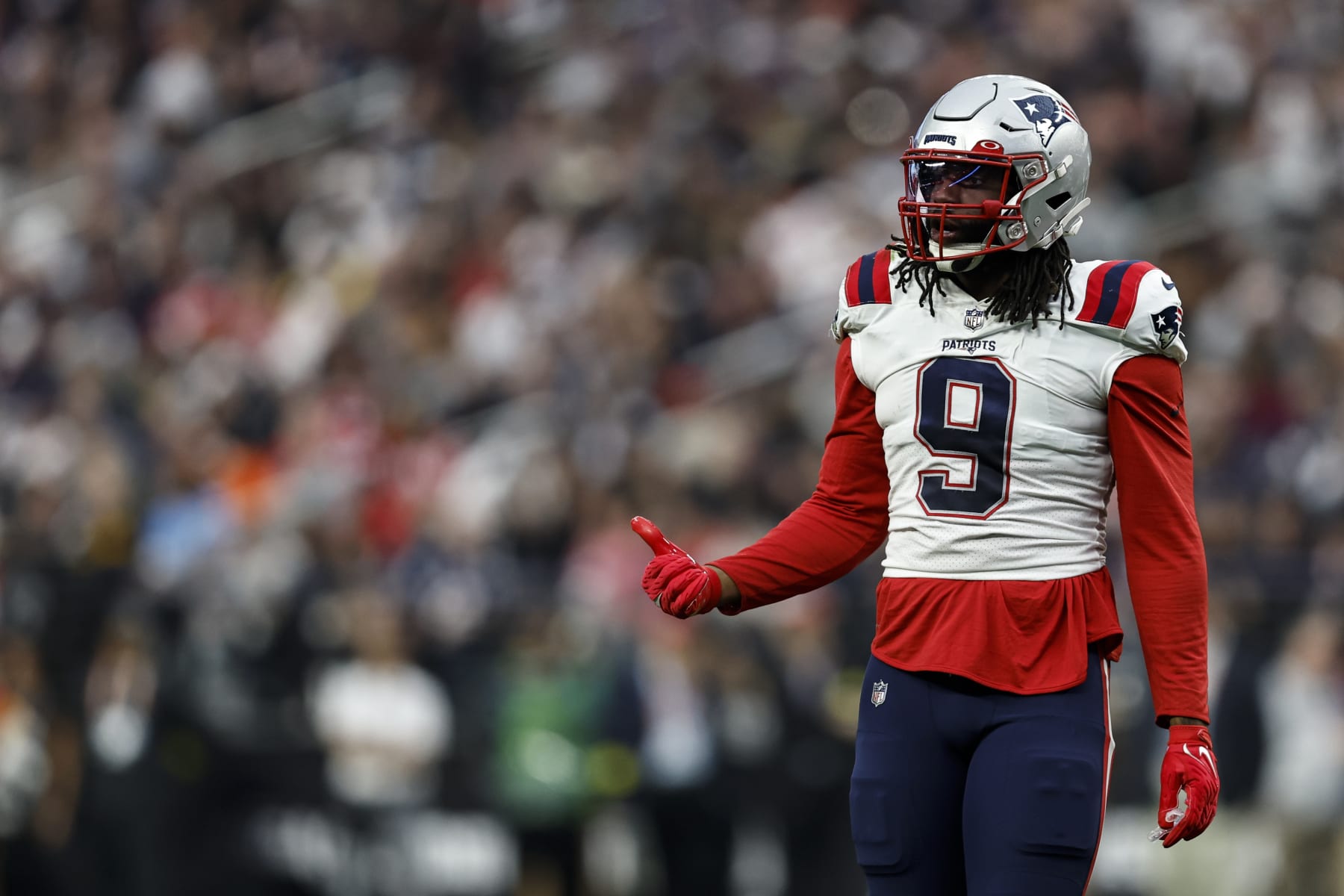 LAS VEGAS, NEVADA - DECEMBER 18: Matthew Judon #9 of the New England Patriots reacts during an NFL football game between the Las Vegas Raiders and the New England Patriots at Allegiant Stadium on December 18, 2022 in Las Vegas, Nevada. (Photo by Michael Owens/Getty Images)