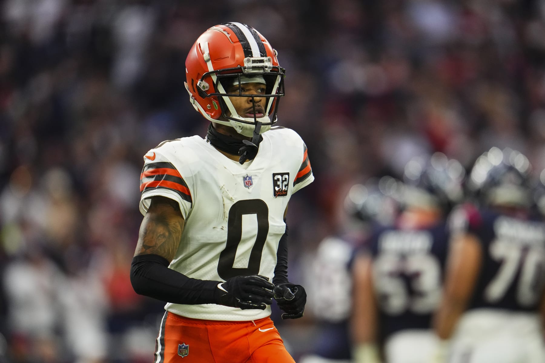 HOUSTON, TX - JANUARY 13: Greg Newsome II #0 of the Cleveland Browns looks on from the field during an NFL wild-card playoff football game against the Houston Texans at NRG Stadium on January 13, 2024 in Houston, Texas. (Photo by Cooper Neill/Getty Images)