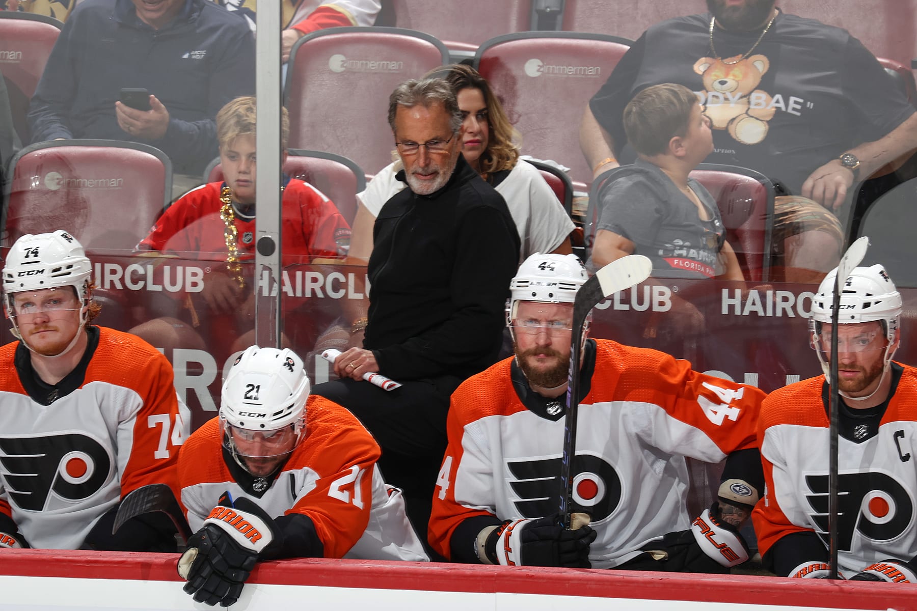 SUNRISE, FL - MARCH 7: Head coach John Tortorella of the Philadelphia Flyers looks on during second period action against the Florida Panthers at the Amerant Bank Arena on March 7, 2024 in Sunrise, Florida. (Photo by Joel Auerbach/Getty Images)