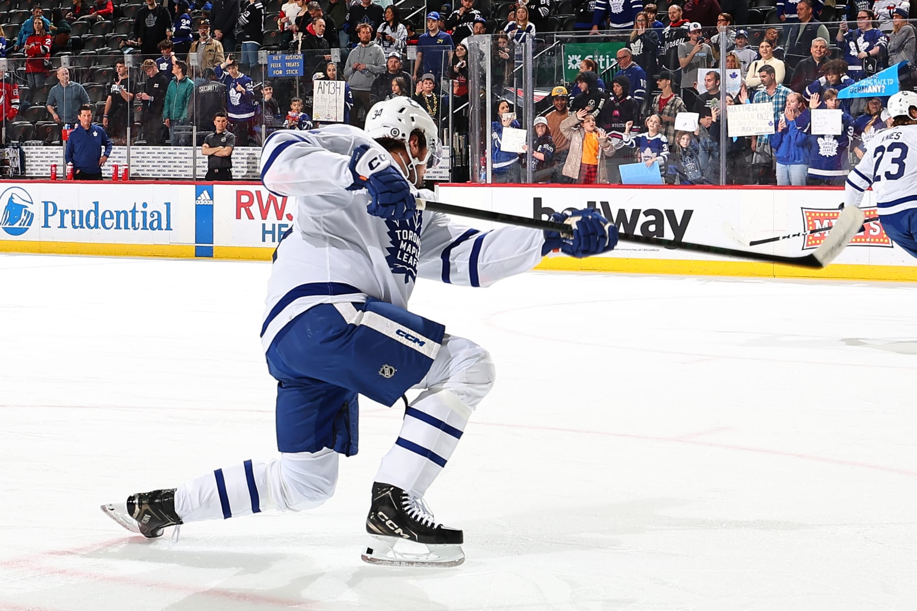 NEWARK, NJ - APRIL 09: Auston Matthews #34 of the Toronto Maple Leafs skates during warm up prior to the game against the New Jersey Devils at the Prudential Center on April 9, 2024 in Newark, New Jersey. (Photo by Rich Graessle/NHLI via Getty Images)
