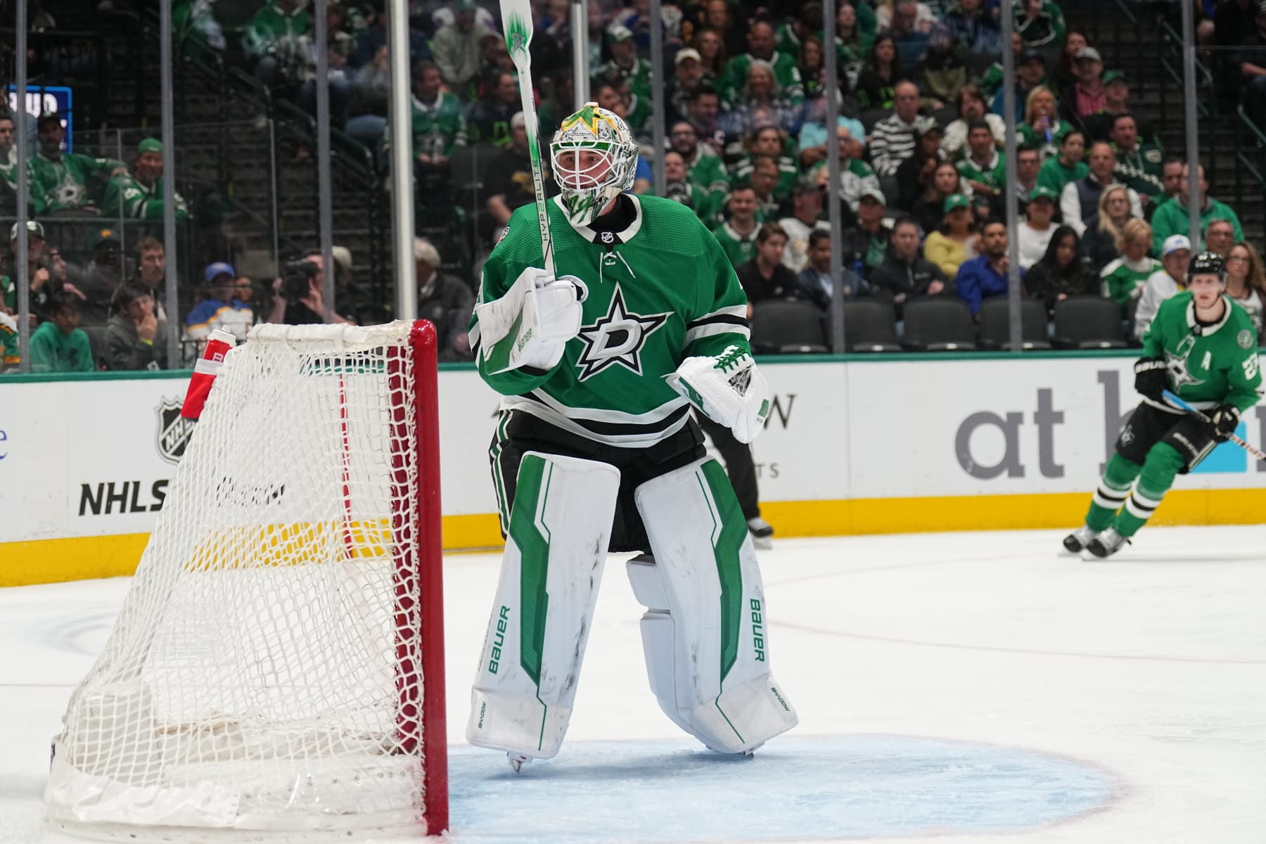 DALLAS, TX - APRIL 9: Jake Oettinger #29 of the Dallas Stars tends goal against the Buffalo Sabers at the American Airlines Center on April 9, 2024 in Dallas, Texas. (Photo by Glenn James/NHLI via Getty Images)