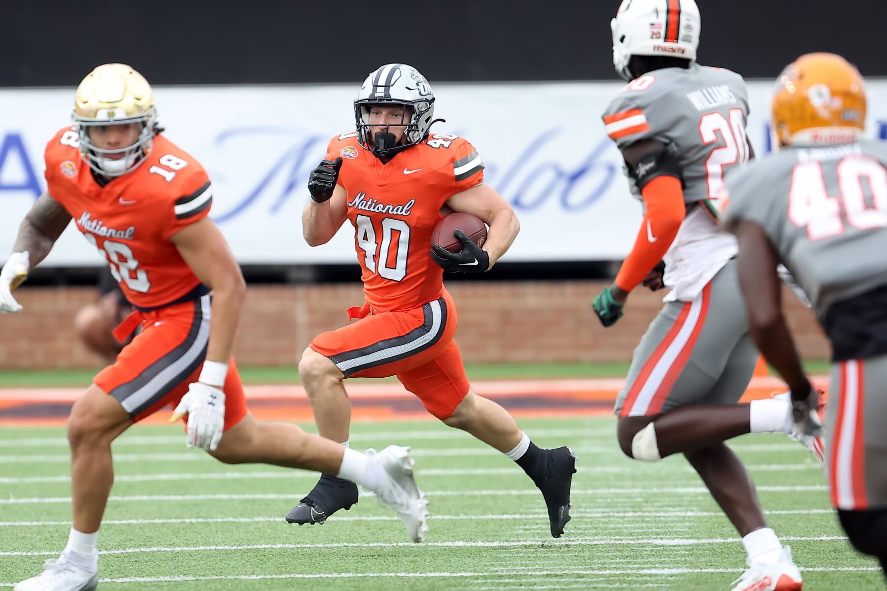 MOBILE, AL - FEBRUARY 03: National running back Dylan Laube of New Hampshire (40) during the 2024 Reese's Senior Bowl on February 3, 2024 at Hancock Whitney Stadium in Mobile, Alabama. (Photo by Michael Wade/Icon Sportswire via Getty Images)
