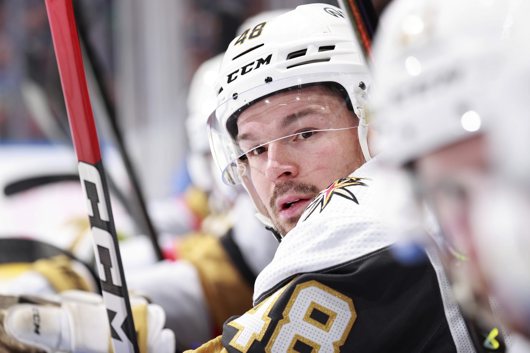 VANCOUVER, CANADA - APRIL 8: Tomas Hertl #48 of the Vegas Golden Knights looks on from the bench during their NHL game against the Vancouver Canucks at Rogers Arena on April 8, 2024 in Vancouver, British Columbia, Canada. (Photo by Jeff Vinnick/NHLI via Getty Images)