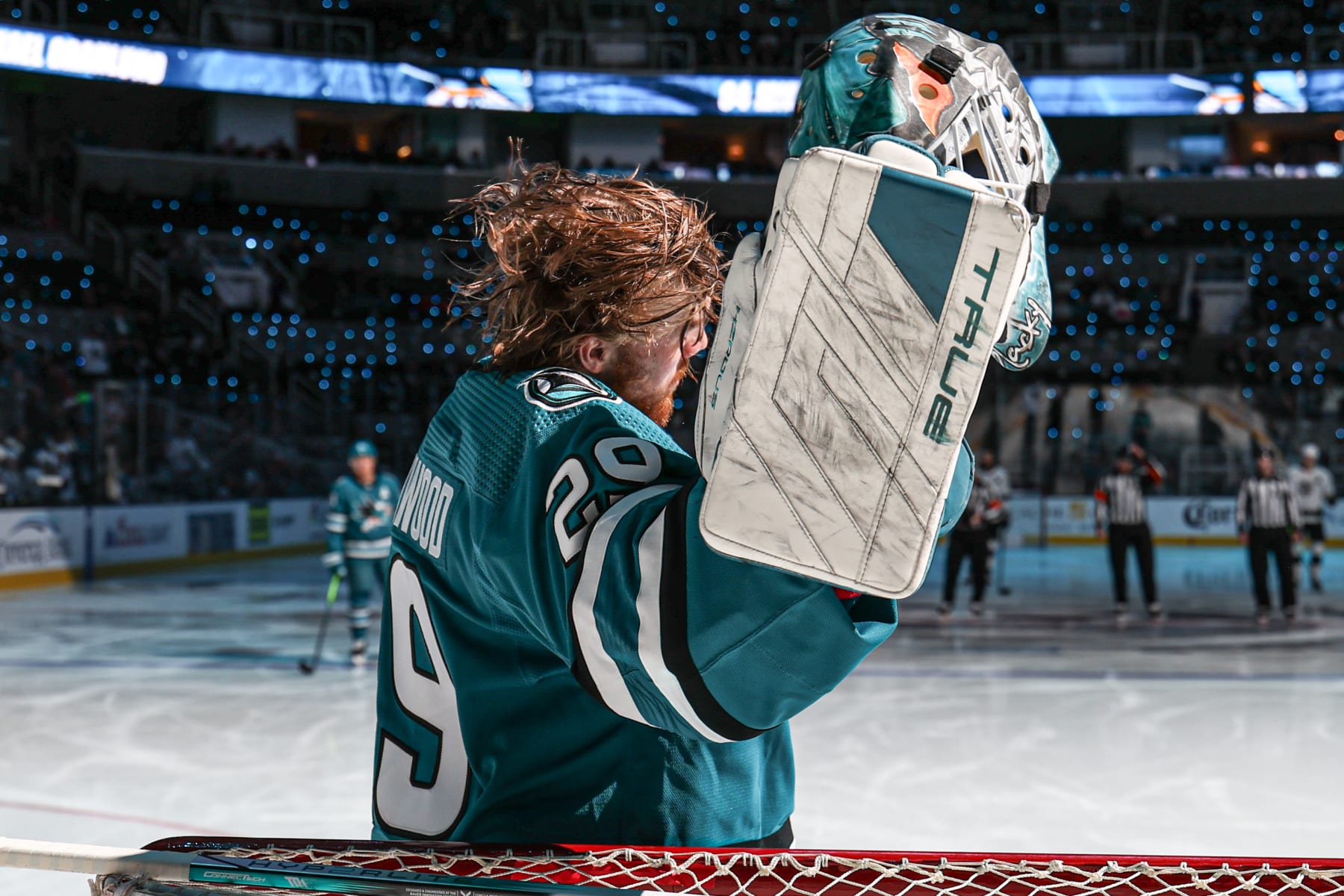 SAN JOSE, CA - APRIL 4: Mackenzie Blackwood #29 of the San Jose Sharks prepares in net before a game against the Los Angeles Kings at SAP Center on April 4, 2024 in San Jose, California. (Photo by Panayiota Good/NHLI via Getty Images)
