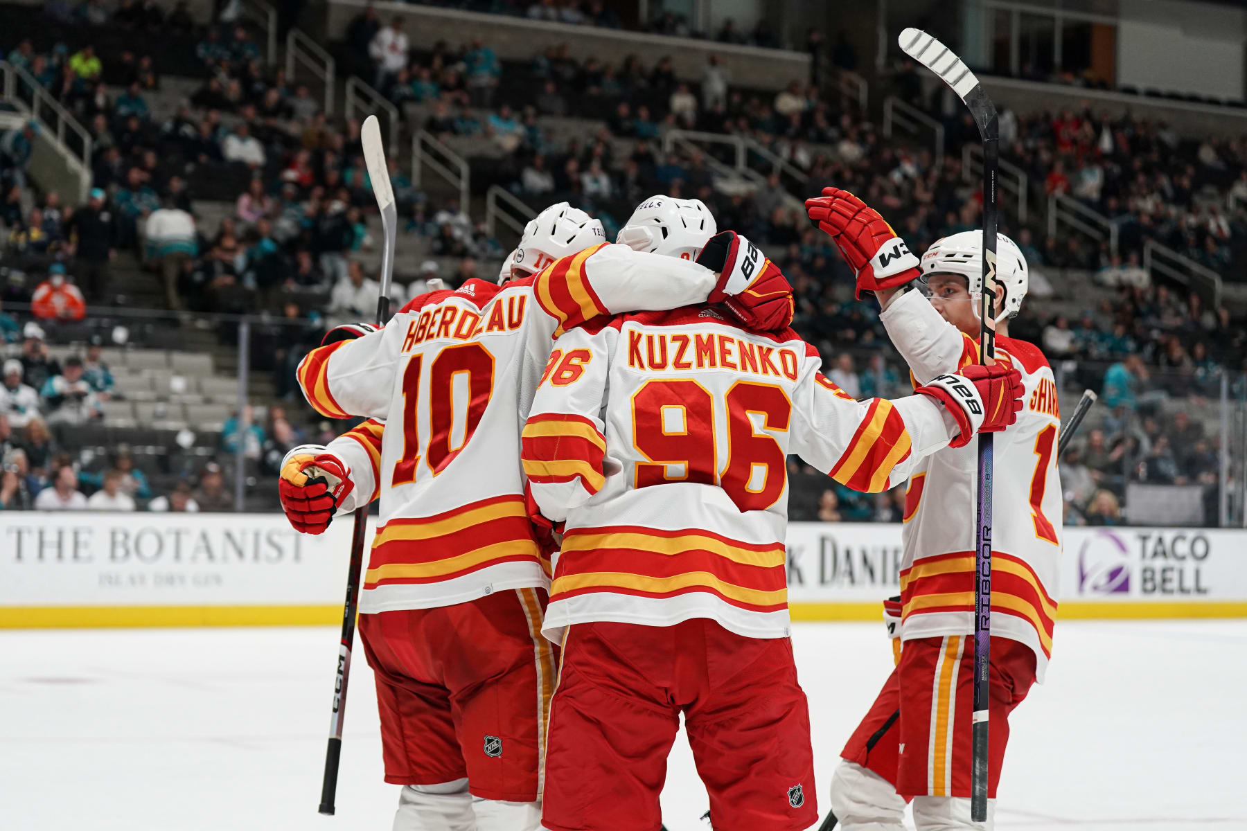 SAN JOSE, CA - APRIL 9: Andrei Kuzmenko #96 of the Calgary Flames celebrates scoring the overtime game-winning goal against the San Jose Sharks at SAP Center on April 9, 2024 in San Jose, California. (Photo by Kavin Mistry/NHLI via Getty Images)