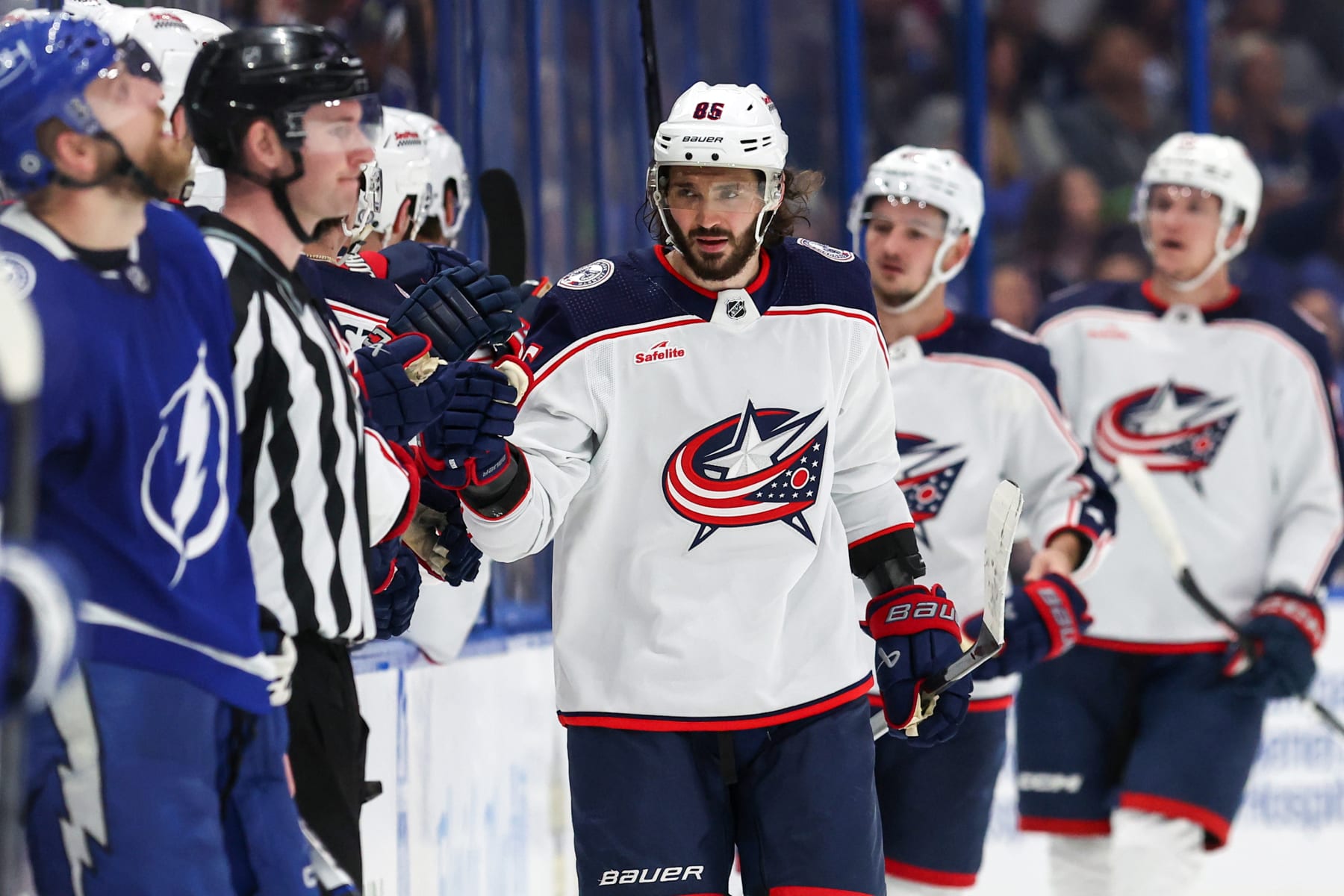 TAMPA, FL - APRIL 9: Kirill Marchenko #86 of the Columbus Blue Jackets celebrates his goal against the Tampa Bay Lightning during the second period at the Amalie Arena on April 9, 2024 in Tampa, Florida. (Photo by Mike Carlson/Getty Images)