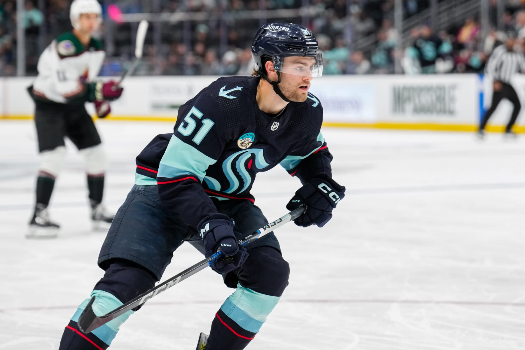 SEATTLE, WASHINGTON - APRIL 09: Shane Wright #51 of the Seattle Kraken skates during the third period of a game against the Arizona Coyotes at Climate Pledge Arena on April 9, 2024 in Seattle, Washington. (Photo by Christopher Mast/NHLI via Getty Images)