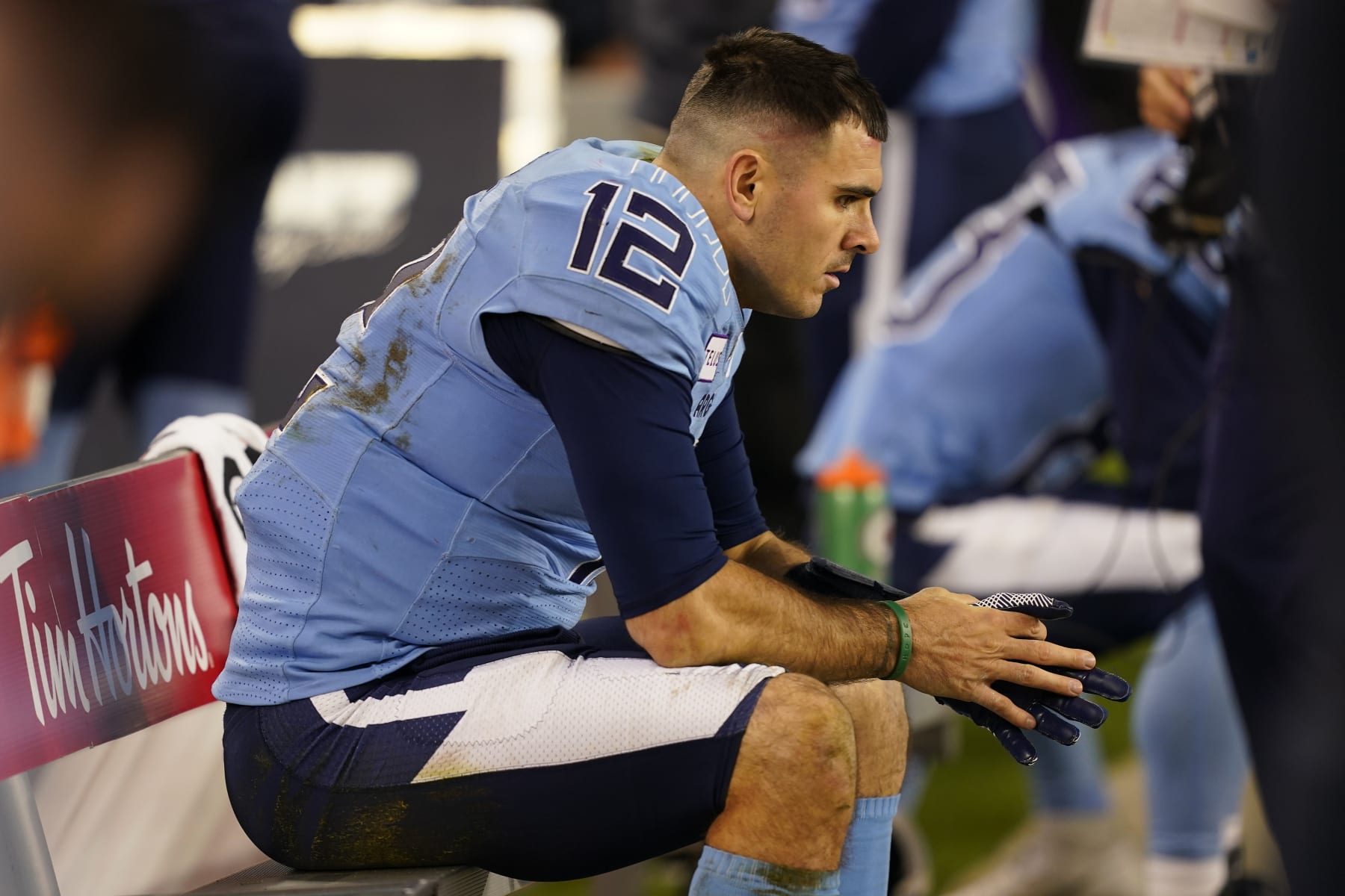 TORONTO, CANADA - NOVEMBER 11: Chad Kelly #12 of the Toronto Argonauts sits on the bench during the second half of the CFL Eastern Final against the Montreal Alouettes at BMO Field on November 11, 2023 in Toronto, Canada. (Photo by John E. Sokolowski/Getty Images)