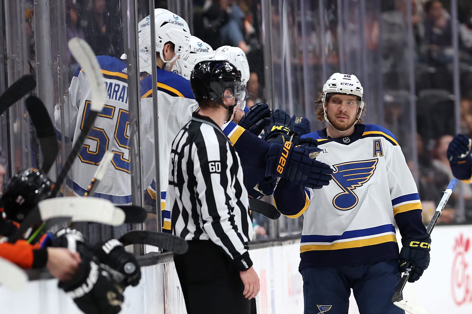 ANAHEIM, CALIFORNIA - APRIL 07: Robert Thomas #18 of the St. Louis Blues is congratulated at the bench after scoring a goal during the second period of a game against the Anaheim Ducks at Honda Center on April 07, 2024 in Anaheim, California. (Photo by Sean M. Haffey/Getty Images)